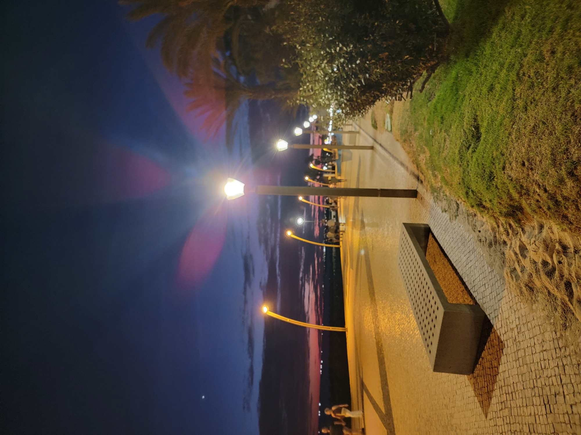 A nighttime view captures a paved walkway beside a grassy area, likely a promenade in Quarteira, Portugal. Several lampposts with illuminated bulbs line the walkway, casting warm light on the patterned paving stones. In the foreground, a modern concrete bench sits on the pavement. To the right, dense green foliage and palm trees are visible. In the distance, several people stroll along the walkway, and the sky displays a gradient of deep blue and purple with hints of pink from the setting sun. A faint planet or star is visible in the upper left portion of the sky. The scene is illuminated by artificial lights and the fading daylight.
