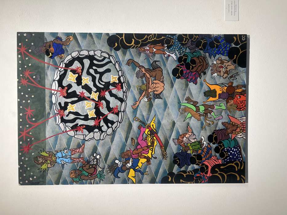 The painting depicts a dynamic scene with figures in various states of action or repose. A central, abstract, geometric form emanates red lines and stars. The figures are drawn in a cartoonish style, with diverse skin tones and attire. The background is a repeating diamond pattern, interspersed with darker cloud-like shapes. The composition suggests a chaotic or dreamlike narrative, with elements of conflict and fantasy. The color palette is varied and bold, creating a visually arresting image.