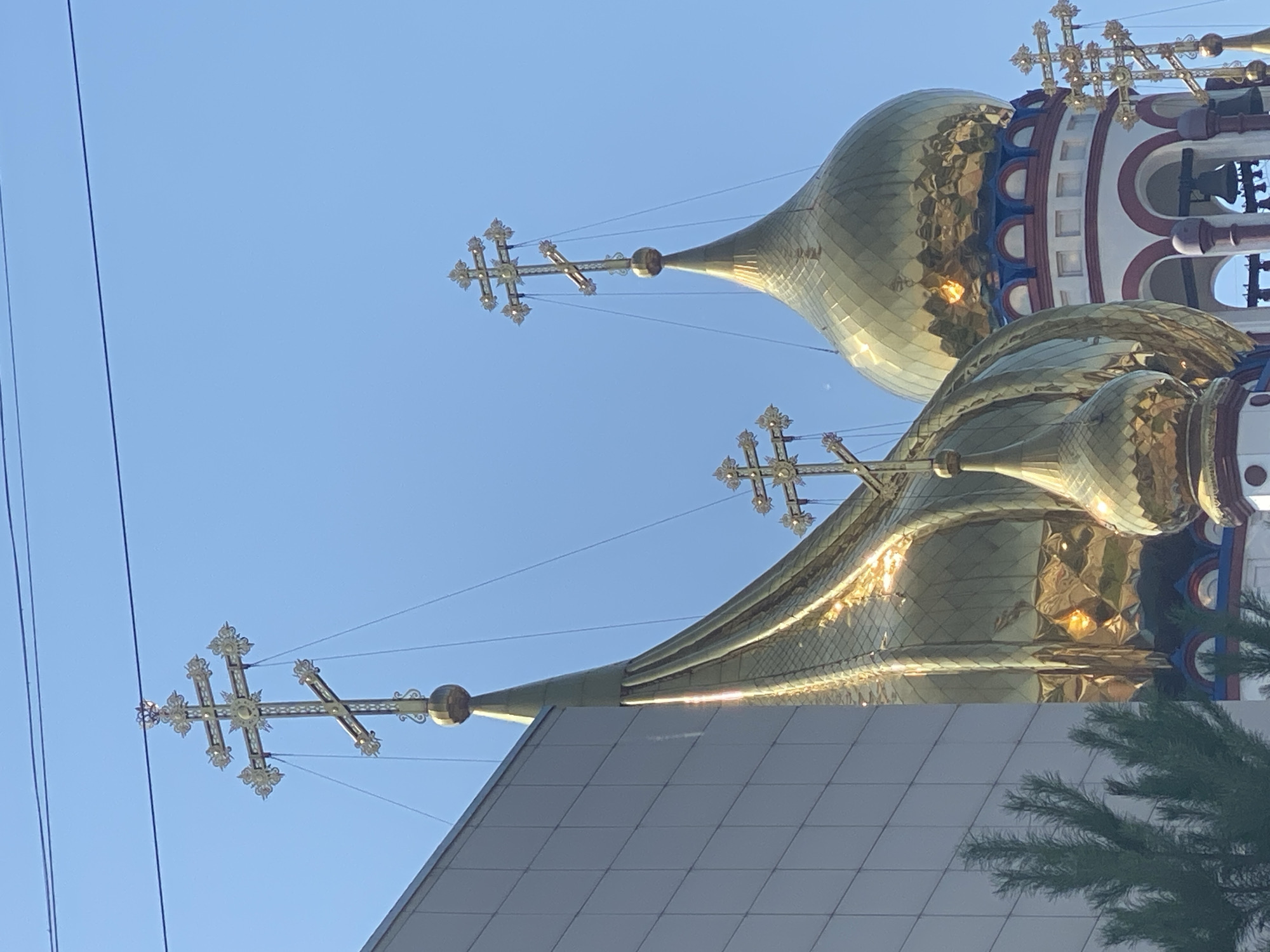 The image shows the golden domes and crosses of the Cathedral of the Transfiguration in Novokuznetsk, Russia, against a clear blue sky. A modern building with a tiled facade is partially visible on the left, and a green coniferous tree is in the lower left corner. Several wires cross the top of the frame. The domes are ornate and reflect the sunlight. The image is taken from a low angle, looking up at the cathedral. No people are visible in the image.