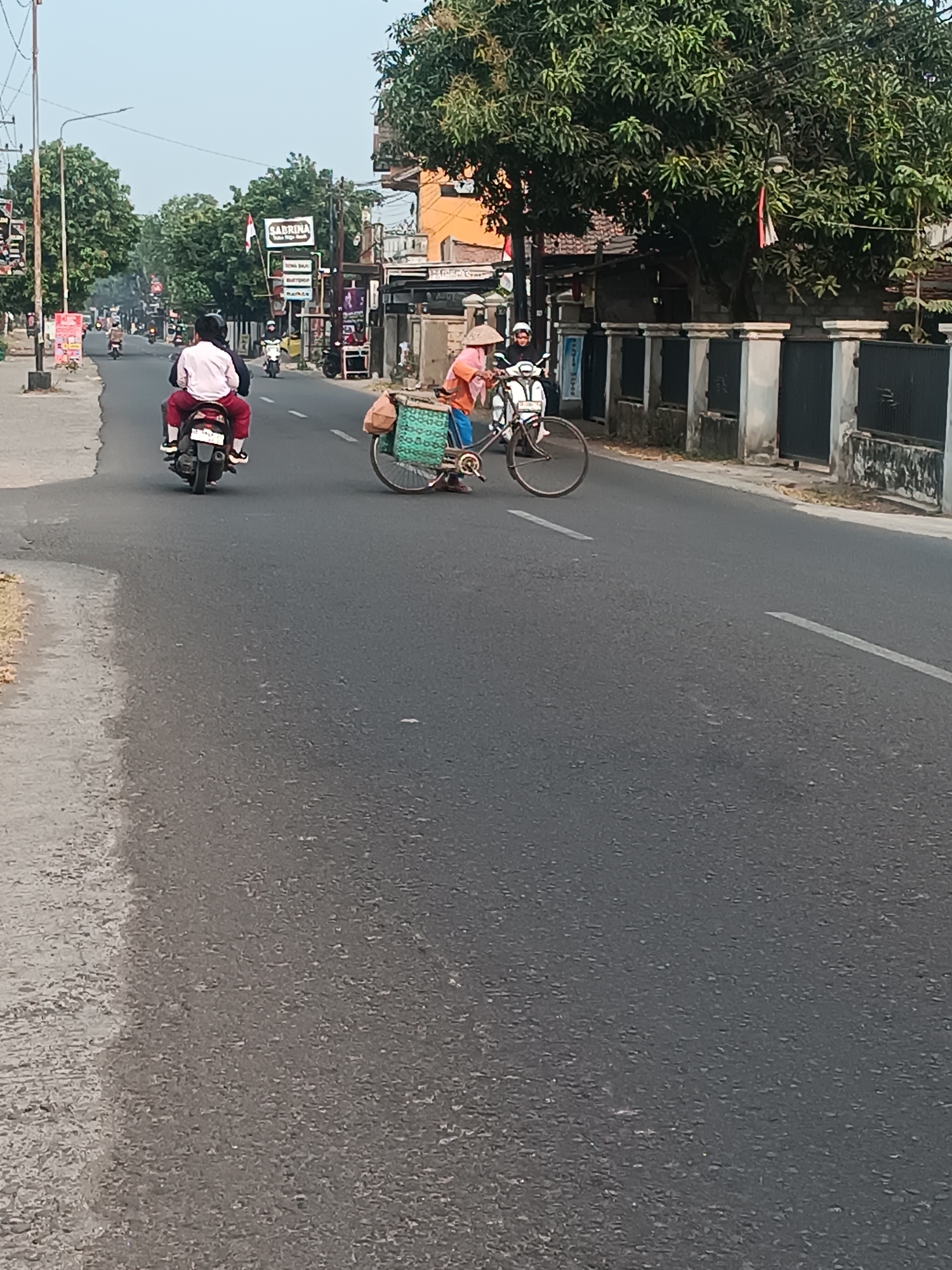 A street scene in Sewon, Indonesia captures traffic on a road with a paved surface. A motorbike carries two individuals, one in a pink shirt and dark pants, and another in a dark shirt. To the right, a person wearing a conical hat and an orange top pushes a bicycle with a basket mounted on the back. The bicycle is laden with bags. In the background, trees line the street, and buildings with signs are visible. The sky is clear and overcast.