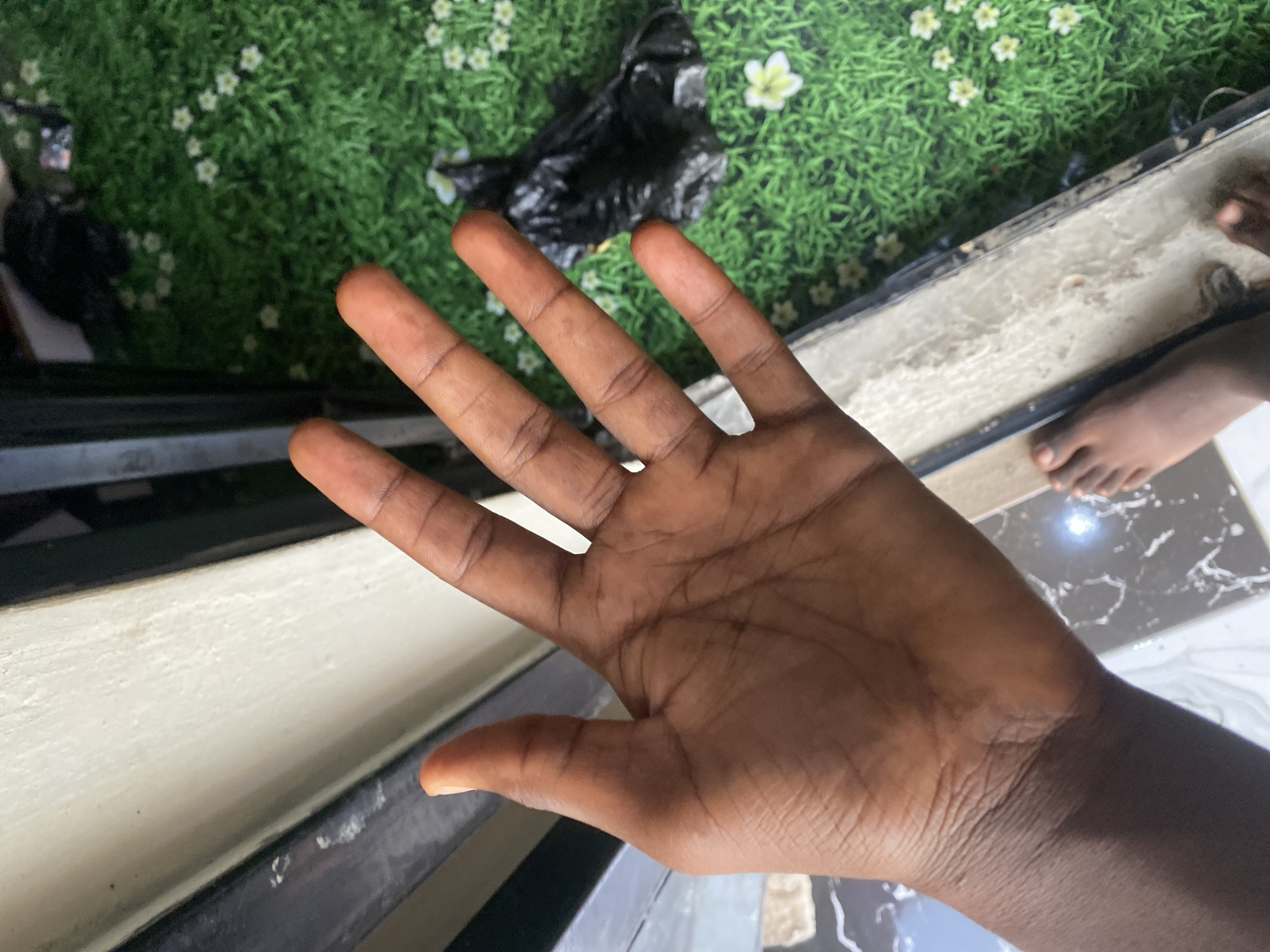 A person's left hand is held palm-up towards the camera. The hand has dark skin and is positioned in the foreground. Behind the hand, the environment consists of a green surface with small white flowers, resembling artificial turf. There are black plastic bags on the green surface. To the left of the hand, there is a beige vertical surface, possibly a wall or door frame. A portion of a bare foot is visible in the lower right of the image, standing on a tiled floor. The scene is likely an outdoor or semi-outdoor space. It is not possible to determine the exact location in Jauro Yinu, Nigeria from the provided image.