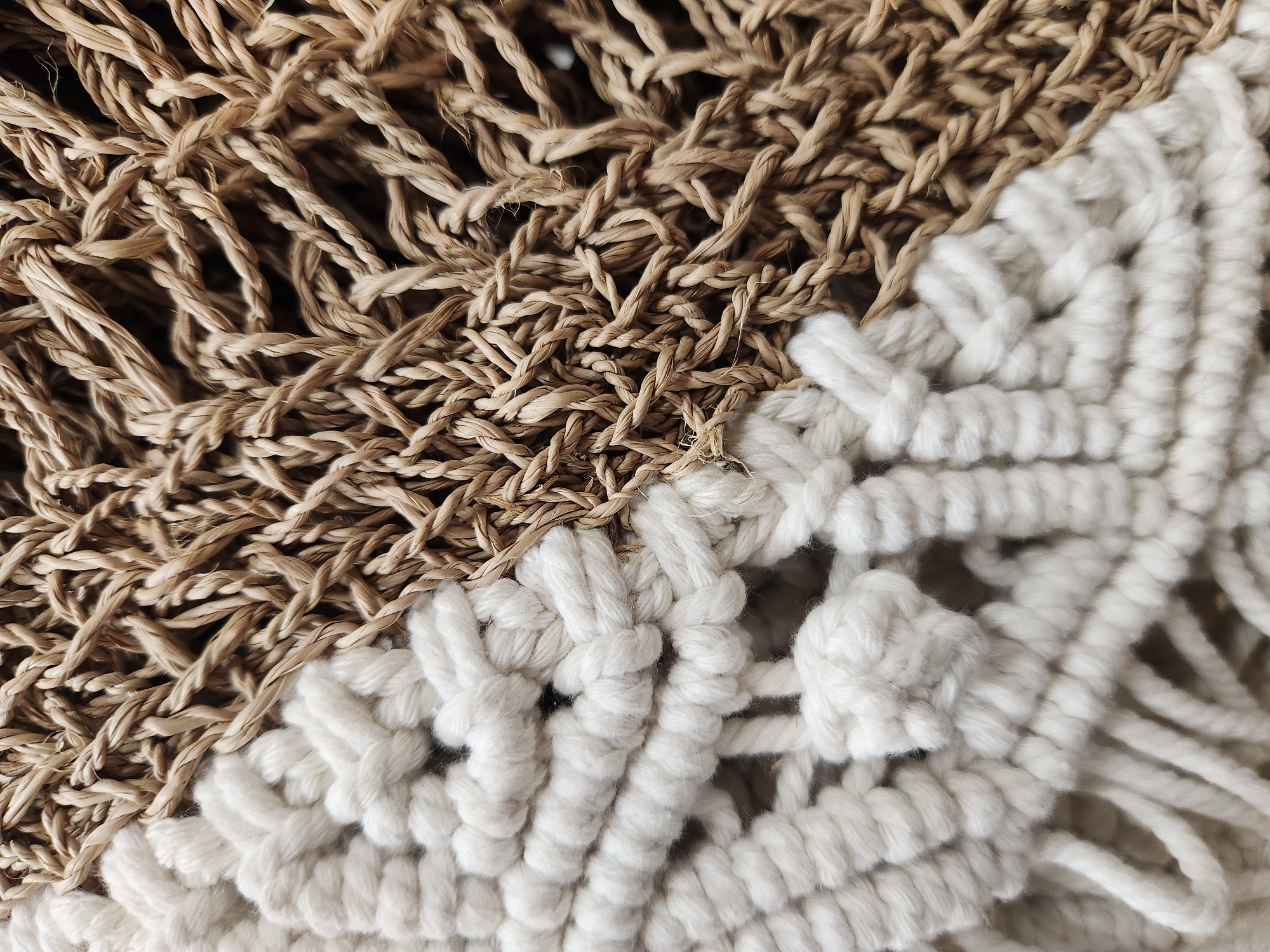 This is a close-up, overhead shot of a woven material that appears to be part of a bag or decorative item. The material is a textured combination of natural fibers, with a section of thick, white, braided cord on the left and a section of thinner, twisted, tan-colored reeds or straw on the right. The white cord is intricately knotted, forming a pattern with some loops and fringe-like strands visible at the bottom. The tan fibers are woven in a looser, more open pattern, creating a mesh-like texture. There are no people, animals, or any discernable features of a city environment visible in this image. The scene is entirely focused on the textural details of the woven material.