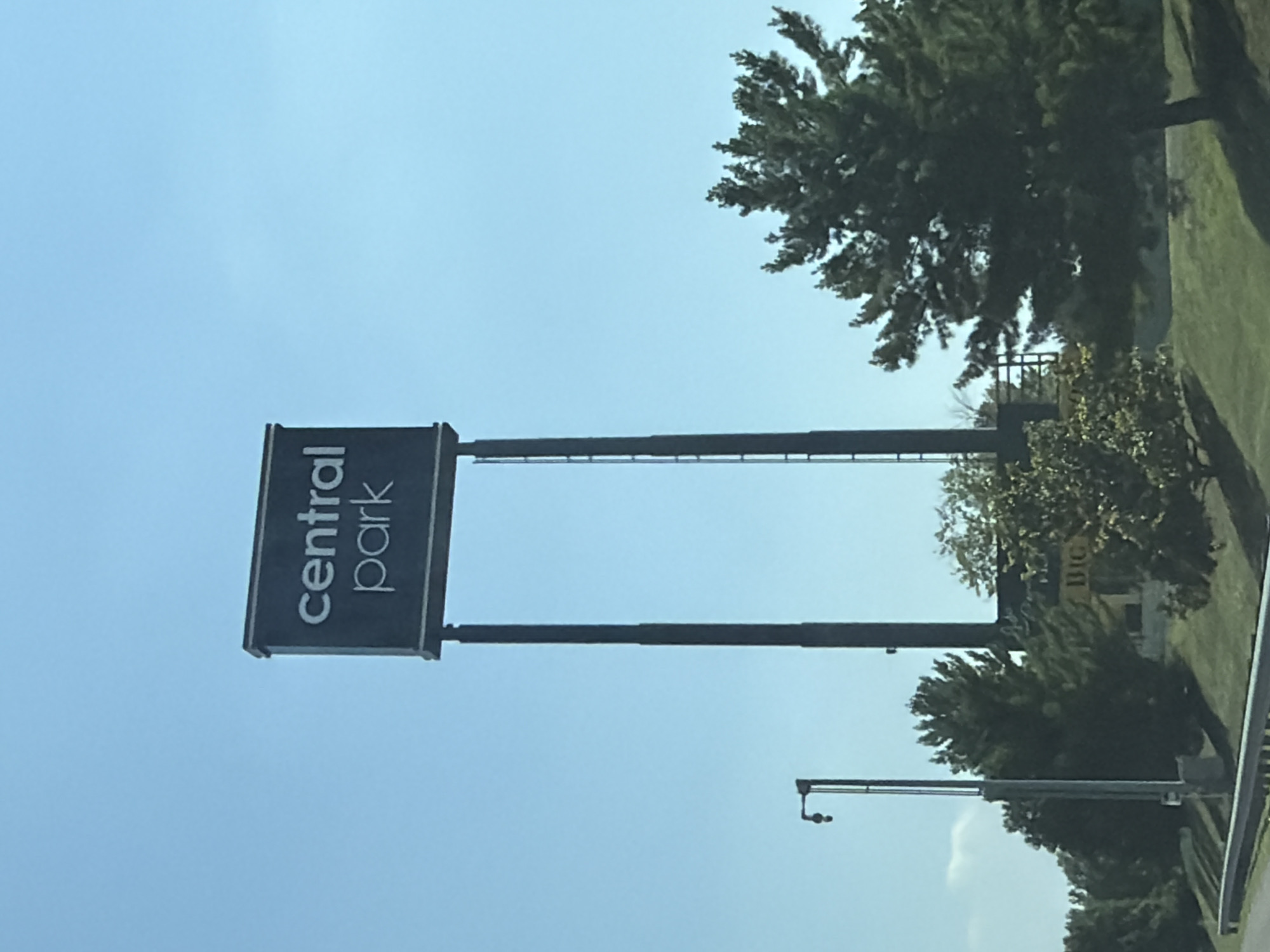An outdoor, eye-level, medium shot captures a tall sign reading "central park" in white block letters against a clear blue sky. The sign is mounted on two dark, slender poles. To the left of the sign is a street lamp. In the middle ground, trees with lush green foliage are visible. Behind the trees, a yellow building with the word "BIG" in black lettering can be seen. The scene is situated along a road with a guardrail in the foreground, suggesting a location in Fredericksburg, Virginia, United States of America.
