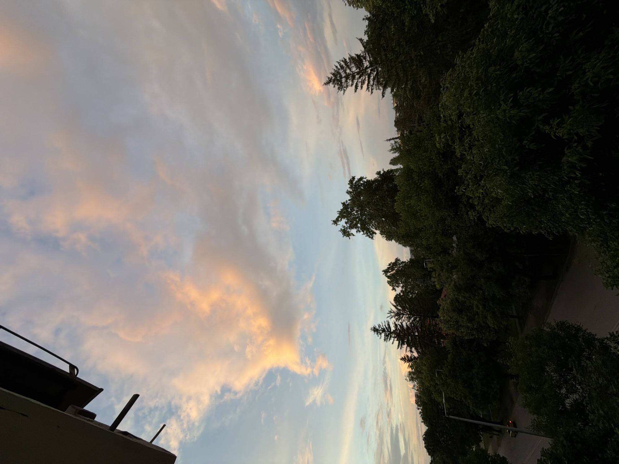The image, correctly oriented, depicts a serene outdoor scene at either sunrise or sunset. The sky dominates the upper portion, filled with a beautiful blend of soft pastel clouds. These clouds display varying shades of grey, white, and light blue, prominently featuring warm streaks of soft orange and pink, particularly concentrated towards the center-left. Patches of clear, light blue sky are visible between the cloud formations.
Below the sky, the landscape is primarily characterized by a dense expanse of dark green trees, silhouetted against the brighter sky. These trees occupy the right side and extend towards the bottom right of the frame, suggesting a park-like area or a tree-lined street. Both coniferous (pine-like) and deciduous trees are discernible within the foliage.
In the bottom-left corner, a dark, angular structure, possibly part of a building, balcony, or rooftop, is visible in silhouette. It features some dark, railing-like elements extending upwards. Among the trees on the right side, a slender, dark pole, likely a streetlight or utility pole, can be faintly seen. A narrow strip suggesting a road or path is visible through the trees in the bottom right, and a tiny, distant reddish light hints at either a vehicle or another structure.
The overall impression is one of tranquility and natural beauty, captured during the twilight hours. No people or specific activities are depicted, and there is no visible text.