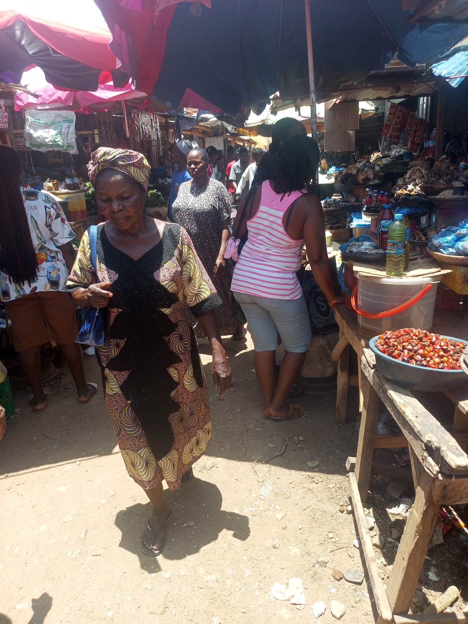 The image depicts a bustling market scene in Sabon Tasha, Nigeria. An older woman wearing a patterned dress and headwrap walks towards the camera. A younger woman in a striped tank top stands near a wooden stall filled with goods, including a bottle of "Swallow" brand oil and a blue bowl of red palm nuts. Other people are visible in the background, and the area is shaded by tarps or awnings. The ground is dirt.