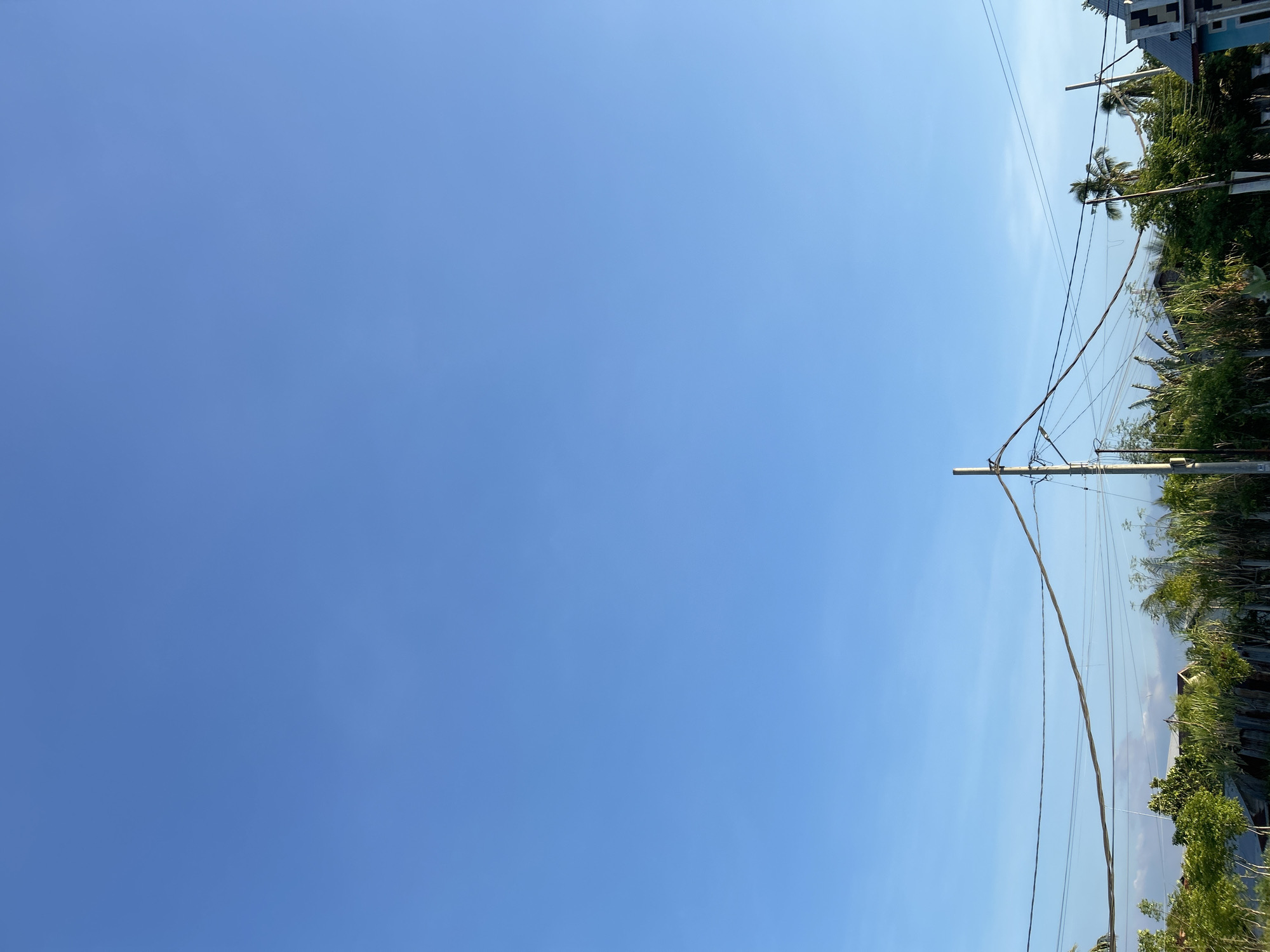 The image shows a view of Lhokseumawe, Indonesia, looking up at a clear blue sky and a utility pole with power lines. Green vegetation and palm trees are visible along the right side of the image, with the edge of a building appearing at the upper right corner. The photograph is oriented vertically.