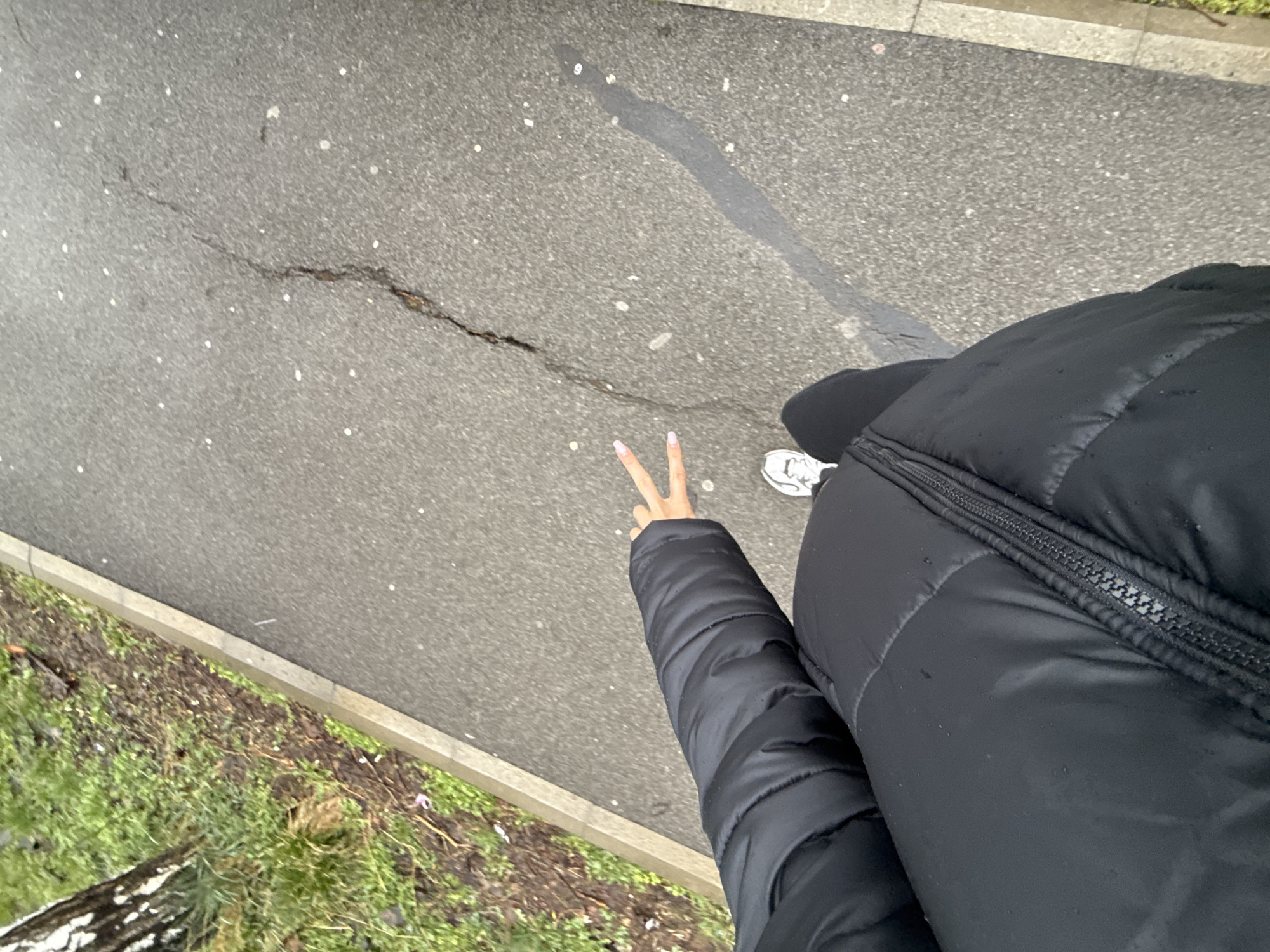 A high-angle, first-person perspective image captures the lower torso and legs of an individual standing on an asphalt path in Sofia, Bulgaria. The individual wears a black puffer jacket, black trousers, and white sneakers. The left arm is extended forward, with the hand forming a "peace" sign (V-shape) using the index and middle fingers. The fingernails are painted a light pink hue. A faint, elongated shadow of a leg is cast on the asphalt. The asphalt surface is grey and features a prominent vertical crack running from the upper-right towards the center. Small white specks are scattered across the asphalt. A light-colored concrete curb separates the asphalt from a narrow strip of green grass and exposed soil on the left. The base of a tree, possibly a birch, with mottled white and dark bark, is partially visible within the grassy area. The scene is illuminated by diffused light, suggesting an overcast day.