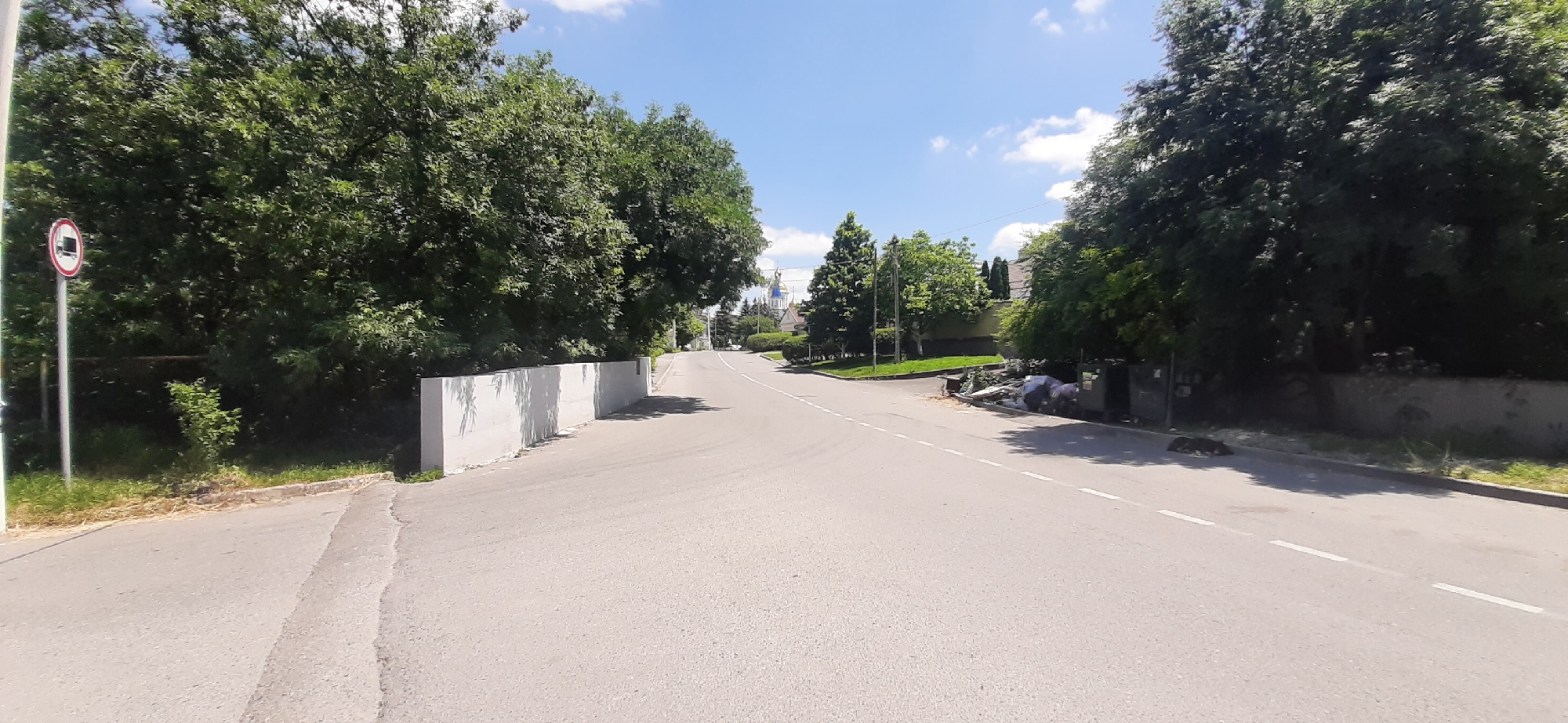 The image shows a two-lane asphalt road in Yessentukskaya, Russia, on a bright, sunny day with scattered clouds. The road curves gently to the right in the distance, leading towards a cluster of buildings, one of which has blue domes indicative of a church. Lush green trees line both sides of the road. On the left side of the road, a white concrete wall runs parallel to the street, and a traffic sign with a red circle and a truck symbol inside is visible. On the right side, there is an accumulation of trash and debris near the roadside. A dark-colored animal, possibly a dog, is lying on the edge of the road to the right. The environment appears to be a suburban or rural area.