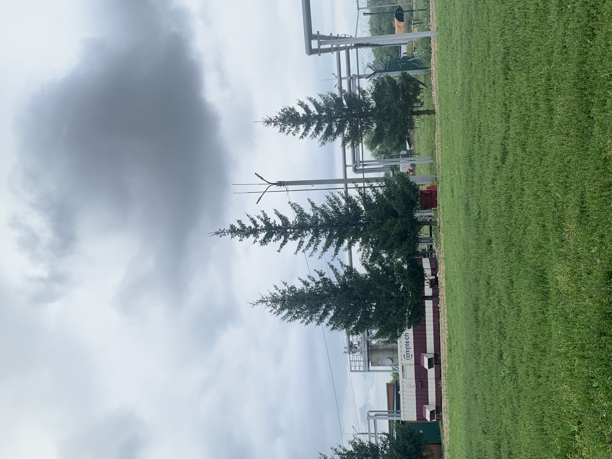 This image shows an outdoor industrial site in Rakashevo, Russia. In the foreground, a lush green field of grass dominates the lower half of the frame. Behind the field, a series of industrial structures are visible. These include a large, rectangular container unit with maroon and white stripes, bearing the text "Comptech." To the right of this unit, several tall evergreen trees are positioned in a line, with their branches reaching towards the sky. Behind the trees, a complex network of pipes and scaffolding is apparent. The background features a cluster of smaller buildings and more greenery, suggesting a rural or semi-industrial area. The sky above is overcast with heavy, dark grey clouds, indicating a cloudy or potentially stormy day. There are no people visible in the image.