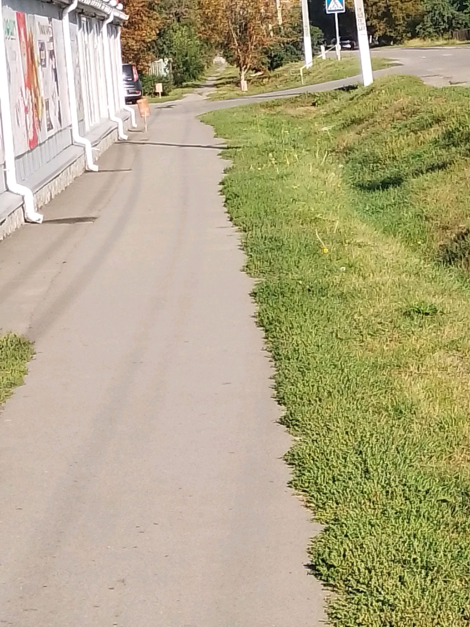 The image shows a paved pathway running alongside a building on the left and a grassy area on the right. The building appears to be a commercial establishment with posters displayed on its exterior. A dark-colored vehicle is parked near the building. In the background, trees and a road are visible, along with a street sign indicating a pedestrian crossing. The scene suggests an outdoor urban or suburban environment in Velyka Bahachka, Ukraine, on a sunny day, indicated by the shadows.