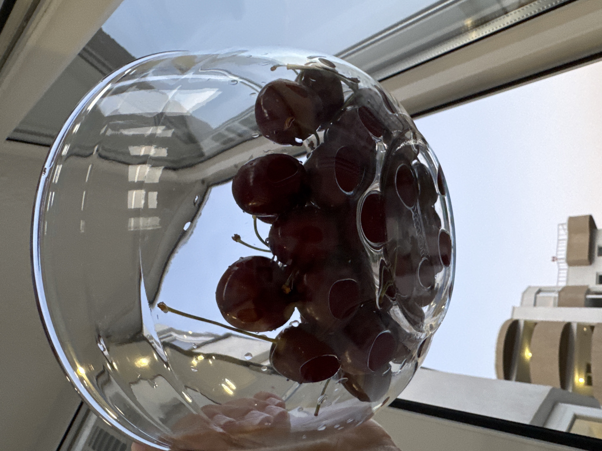 A low-angle, medium shot captures a clear glass bowl filled with dark red cherries held by a person's hand. The bowl is positioned in front of a window, with the bright sky and the blurred outlines of modern buildings visible in the background, suggesting an urban setting. The cherries are plump and appear to be glistening with water droplets. The hand holding the bowl is partially visible on the left side of the frame. The lighting suggests it is daytime, possibly late afternoon or early morning, given the soft light. The overall scene is simple and focuses on the fruit.