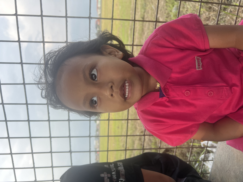 The image displays a head-and-shoulders portrait of a young girl, smiling and looking directly at the camera. She appears to be an Asian child with dark hair and dark eyes. She is wearing a bright fuchsia pink polo shirt with a collar, featuring a small white "Levi's" logo on a red patch on the left side of her chest. Around her neck, she wears a delicate golden necklace with a butterfly pendant. Her bright, even teeth are visible as she smiles.
The girl is positioned behind a prominent metal grid fence, which occupies the foreground and midground of the image, creating a lattice pattern over the scene. Behind the fence and the girl, there is a wide, open grassy field under a bright, possibly overcast, sky. A portion of an adult's head, wearing a black baseball cap, is visible in the lower right corner of the image. Text on the cap includes "HWASENG" (or similar), "JUMBO," and "LLC."
The setting is outdoors during what appears to be bright daytime, with good natural light. The overall mood conveyed by the girl's expression is one of happiness and contentment. The location is contextualized as Desa Ngesrep, Indonesia. The image is currently rotated 90 degrees clockwise.