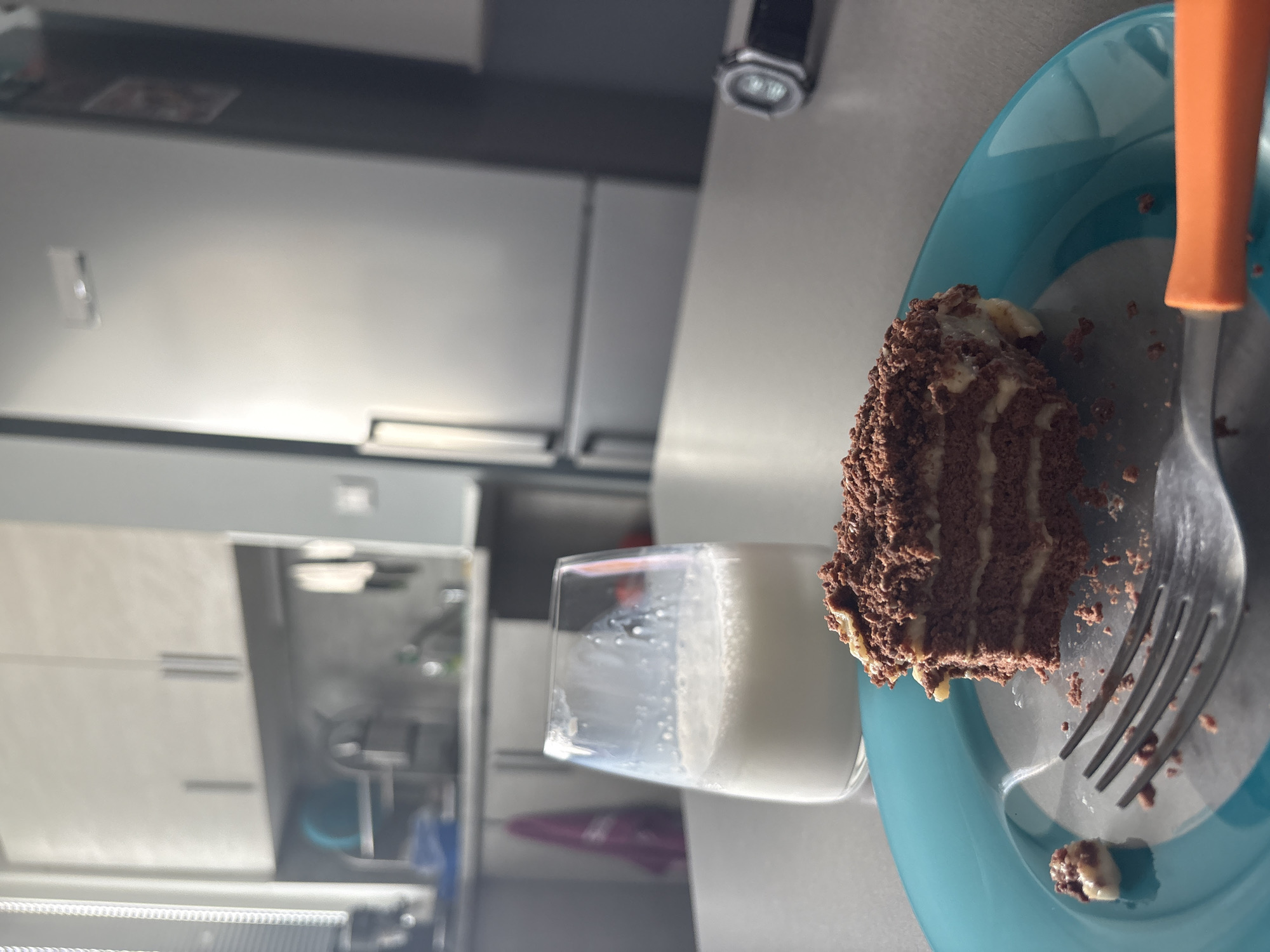 A piece of chocolate cake rests on a light-blue plate alongside a silver fork with an orange handle. A glass of white milk sits beside the plate. The background shows a kitchen interior, including a stainless-steel refrigerator and light-colored cabinets. The scene is likely indoors. There is no definitive evidence of the city of Sofia, Bulgaria.