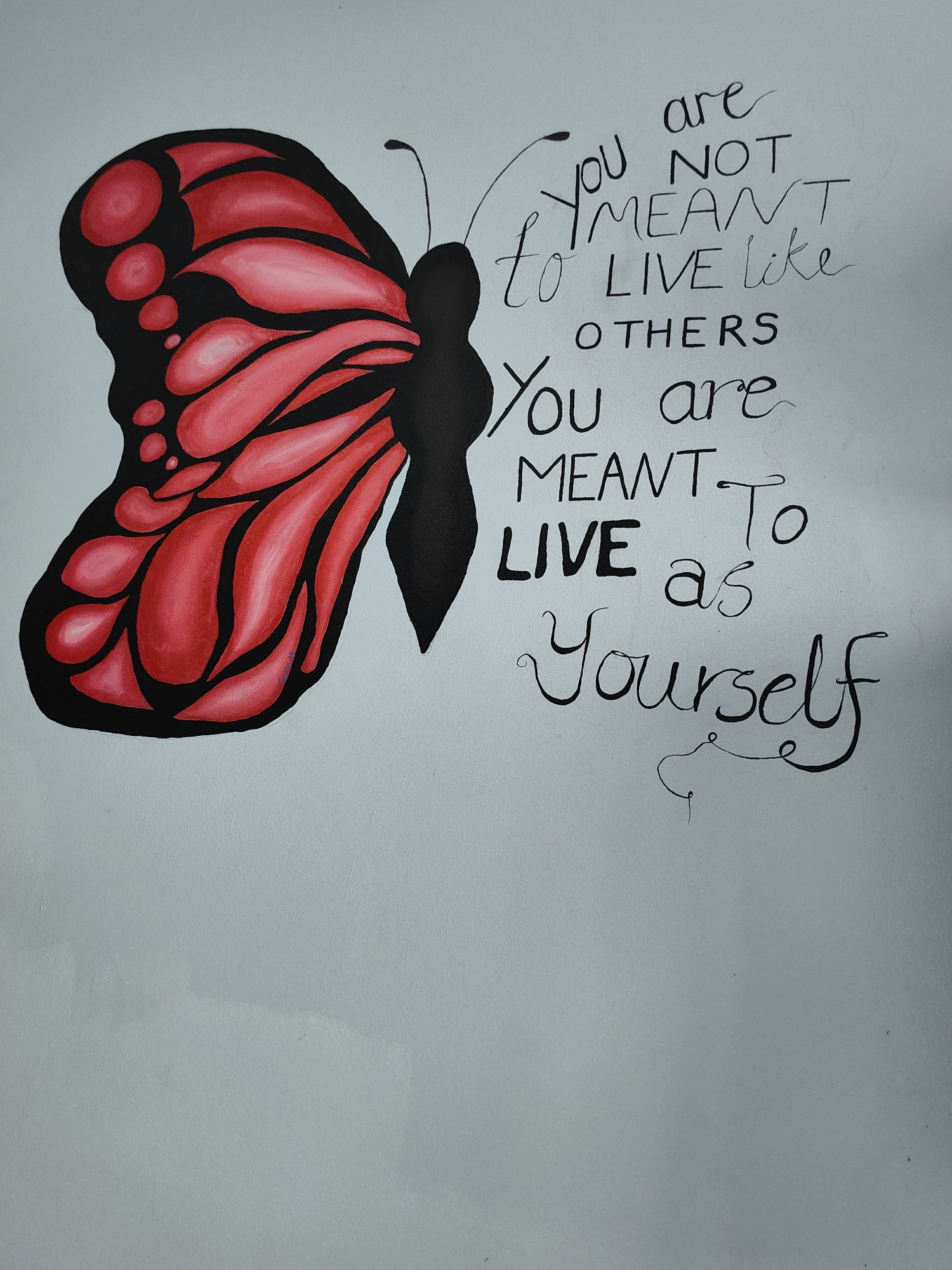 The image is a drawing of a red and black butterfly on the left side of the frame. The right side of the image contains black text that reads: "You are NOT MEANT to LIVE like OTHERS You are MEANT to LIVE as Yourself." The background is a blank, light gray or white color. There is no indication of a location in Bai Chay Ward, Vietnam.
