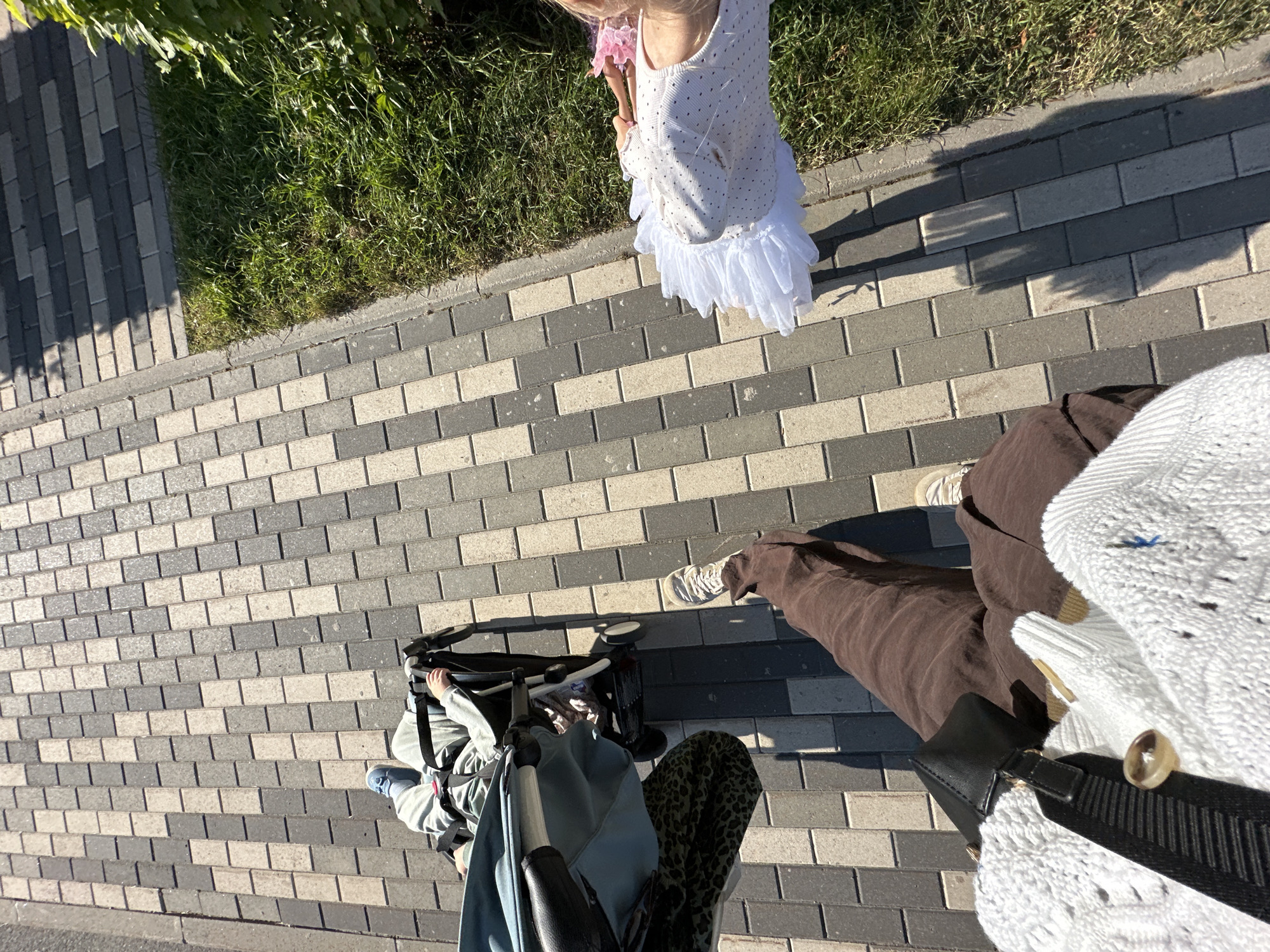 The image depicts a person's perspective walking on a paved sidewalk, with a stroller to their left and a patch of grass to their right. The stroller contains a child dressed in light gray clothing. To the right of the stroller, a child in a white tutu is visible, her hands holding onto a pink ribbon. The person taking the photo is wearing brown pants and a white knitted sweater. The setting appears to be an outdoor urban environment, possibly a park or residential area in Vsevolozhsk, Russia, given the context of the query. The sun is shining, casting shadows on the ground.