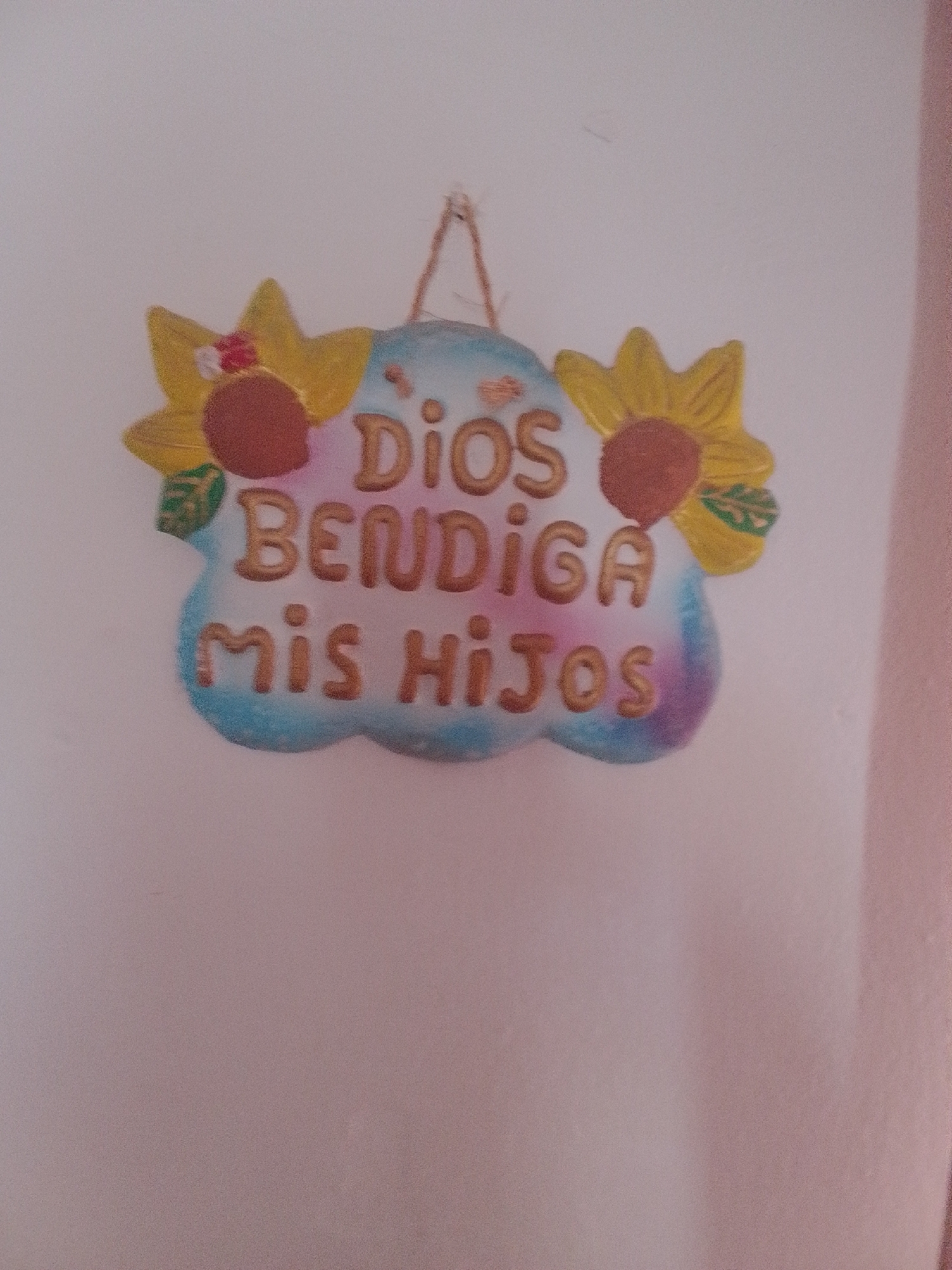 This media file shows a decorative sign hanging on a wall, likely indoors. The sign is shaped like a cloud with two sunflowers on either side. The sunflowers are yellow with brown centers and green leaves. The cloud itself is painted in shades of blue and purple.
The sign has text written on it in a golden-brown color. The text appears to be in Spanish and reads: "DIOS BENDIGA MIS HIJOS". This translates to "God bless my children".
The overall style of the sign suggests it is a handmade item, possibly ceramic or a similar material, given its slightly textured appearance and the raised lettering. The background is a plain, light-colored wall, suggesting an indoor domestic setting. There are no other people or objects clearly visible in the frame. The lighting is soft, indicating it is likely daytime, but there are no strong shadows to suggest a specific time of day. The context of "La Tagua, Venezuela" suggests this might be a decoration in a home in that region. The message on the sign conveys a sense of care and familial blessing.
