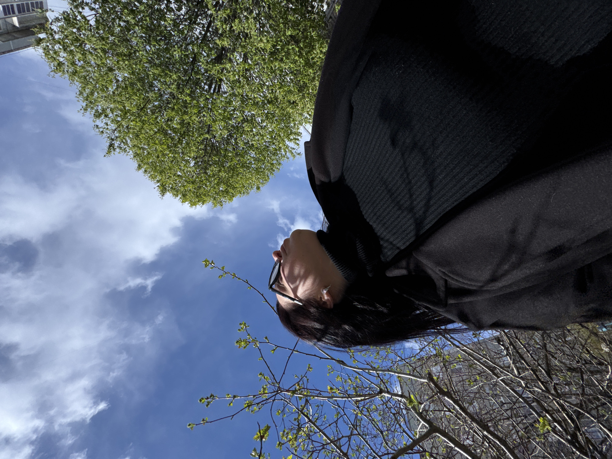 The image, captured from a low-angle perspective, looks upwards towards a bright sky and tree canopy. In the bottom right quadrant, a person, likely a woman, is seen from the chin up, with her head tilted back as she gazes skyward. She has dark hair and wears dark-framed sunglasses, with a small silver hoop earring visible on her left ear. Part of her dark clothing, which appears to be a ribbed sweater or jacket, is visible on the right side of the frame.
The scene is outdoors, dominated by a clear blue sky with scattered white, wispy clouds. Lush green leaves cover the branches of a large tree in the upper left, suggesting spring or early summer. In the lower left and middle background, other tree branches, some still bare but showing new buds, frame the sky. Through these branches, parts of a light-colored building are discernible, indicating an urban or park setting within a city.
The activity depicted is one of observation or contemplation, as the person looks up towards the heavens and nature. The time of day is clearly daytime, with bright natural light suggesting mid-morning or afternoon. There is no visible text in the image.