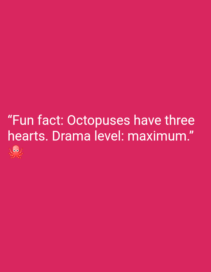 The image is a digital graphic featuring white text on a pink background. The text reads: "Fun fact: Octopuses have three hearts. Drama level: maximum." To the left of the text is a small, red emoji of an octopus. The graphic does not depict any specific location in Karangsambung, Indonesia, or any real-world scene.