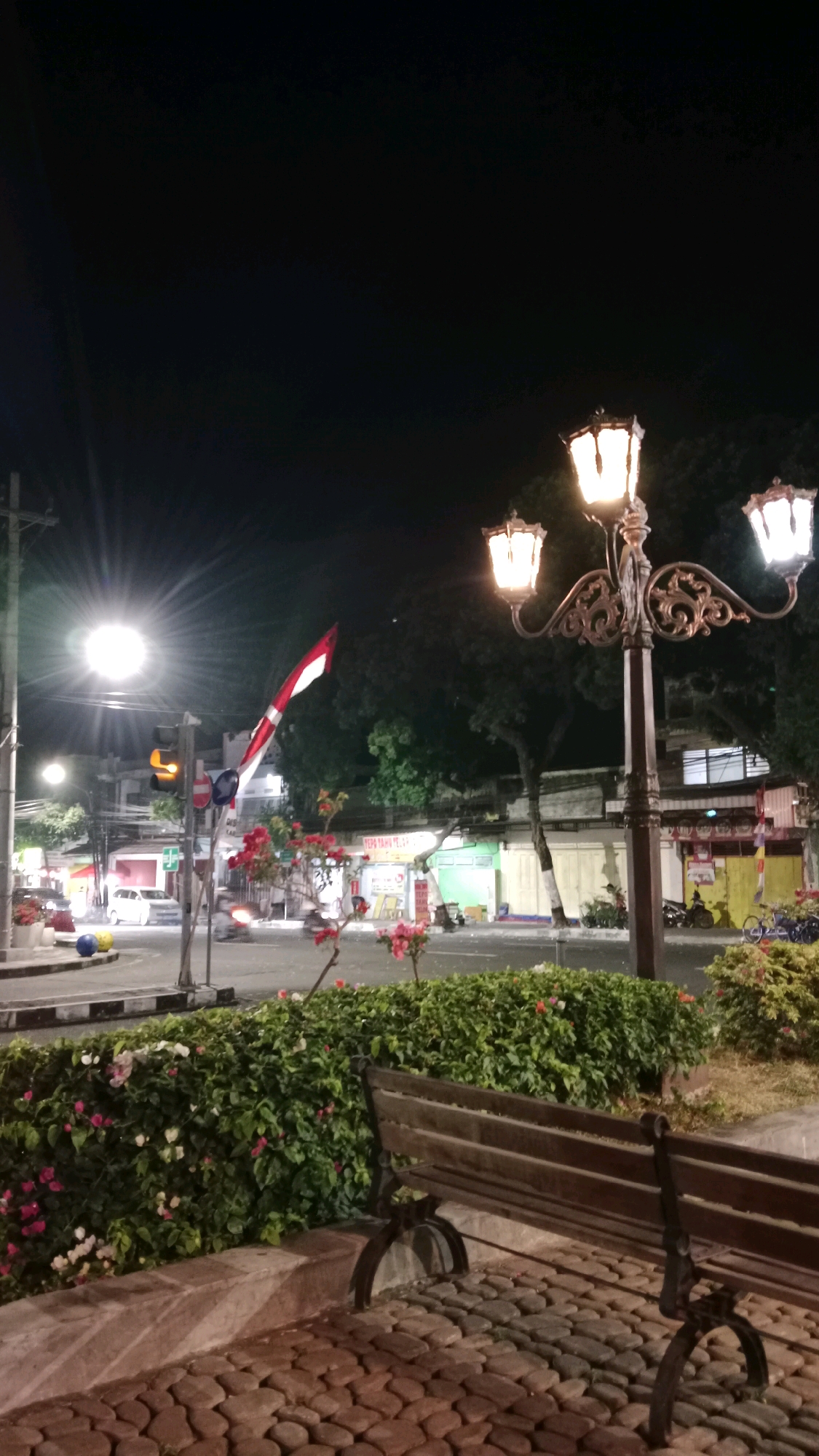 The image depicts a nighttime scene in a city, likely Magetan, Indonesia, characterized by streetlights and a somber atmosphere. In the foreground, a rustic wooden bench rests on a cobblestone pathway, flanked by lush green bushes dotted with small pink and white flowers. A lamppost with three ornate lights stands to the right, illuminating the scene with a warm glow.
In the background, a busy street is visible with traffic, including cars and motorcycles, suggesting an urban setting. A traffic light with red and yellow signals adds to the city ambiance. A red and white flag, possibly the Indonesian flag, is planted on a pole, fluttering in the breeze. The buildings in the background are illuminated, revealing shops or commercial establishments. The overall impression is one of a peaceful, yet active, urban environment at night.