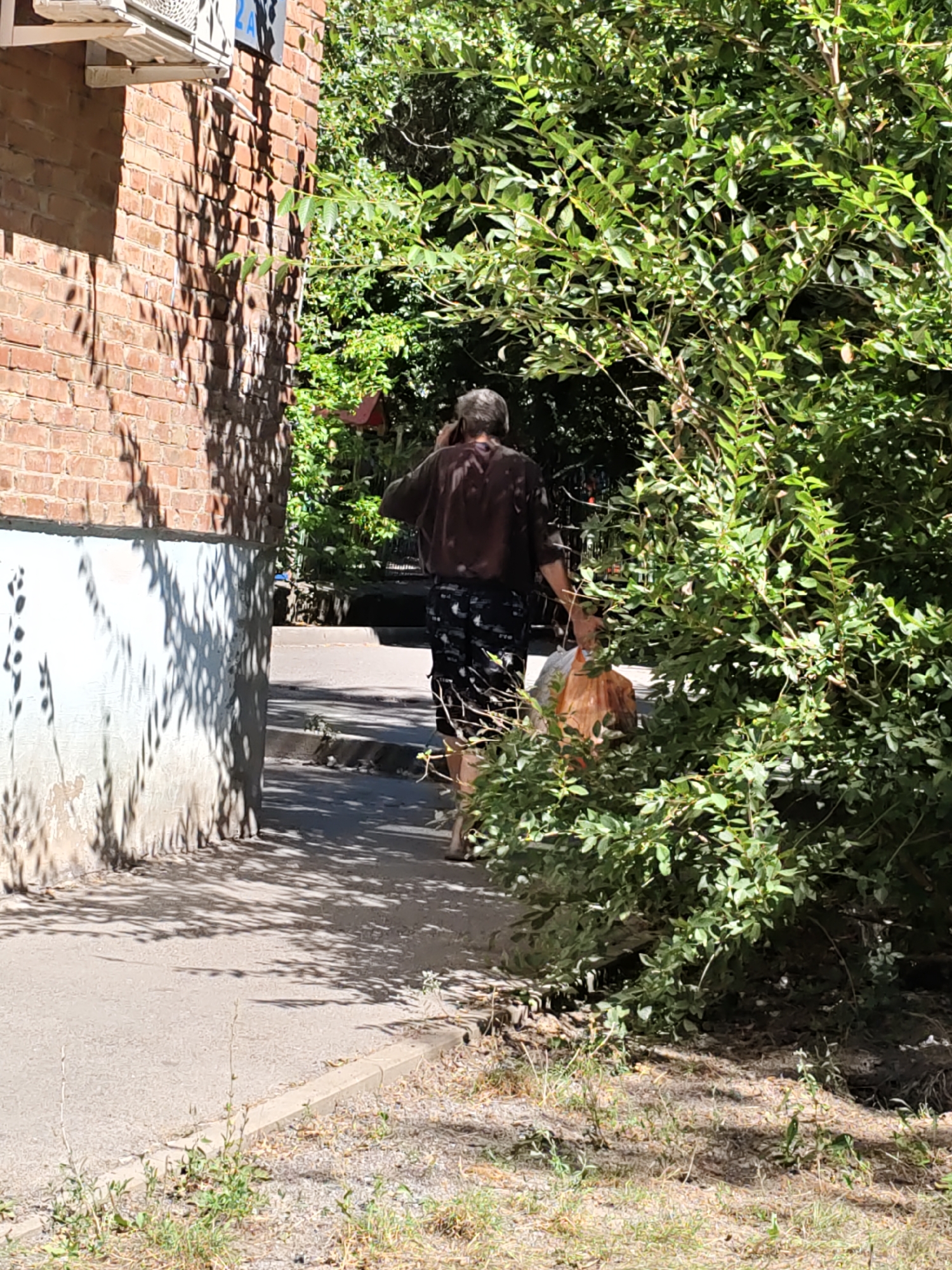 The image shows a man with gray hair wearing a dark brown shirt and dark patterned shorts walking along a paved walkway next to a brick building. He is holding a phone to his ear with his right hand and carrying a translucent orange plastic bag in his left hand. Lush green foliage is visible to the right of the man and extends into the background. Shadows of leaves are cast on the brick wall of the building, which has an air conditioning unit mounted on it. The walkway appears to be in a residential area, possibly in Rostov-on-Don, Russia, given the architecture and vegetation.