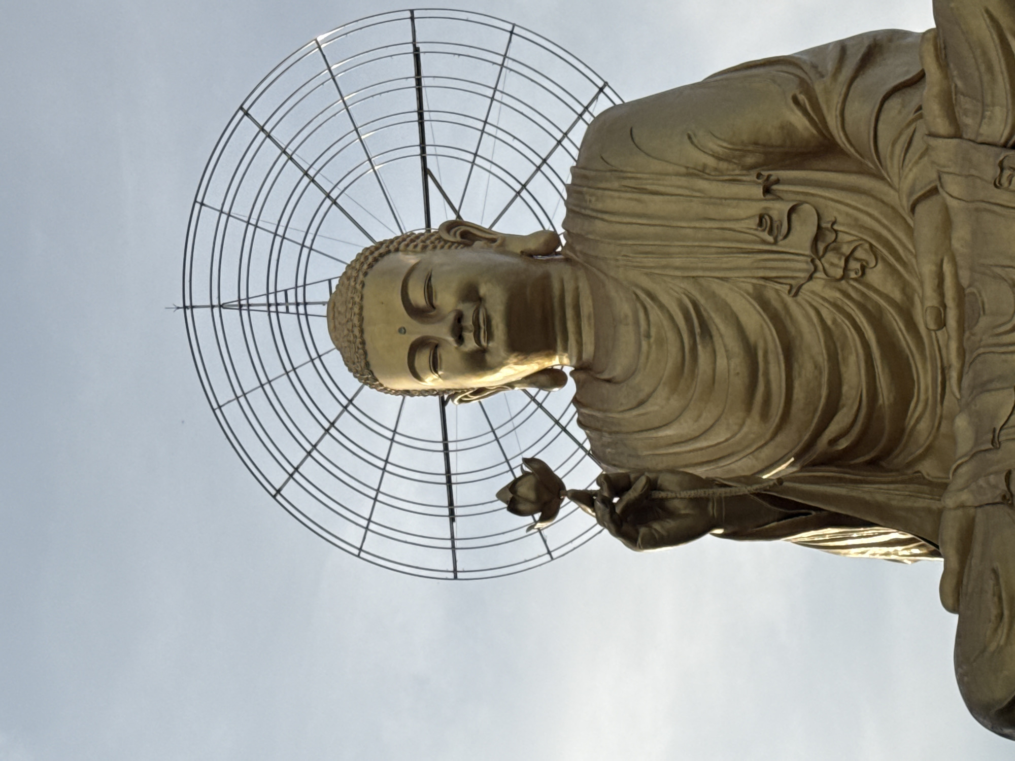The image shows a close-up, low-angle shot of a large, golden Buddha statue. The statue is seated and holding a lotus flower in its left hand. Behind the statue is a large, circular metal halo or structure, possibly a mandorla or a fan-like design, made of concentric metal rings and radial spokes. The statue has serene facial features, with closed eyes and a slight smile. The robes of the Buddha are detailed with folds and drapes. The sky in the background is a pale blue with some wispy clouds. This statue is located at the Truc Lam Zen Monastery in Da Lat, Lam Dong province, Vietnam.