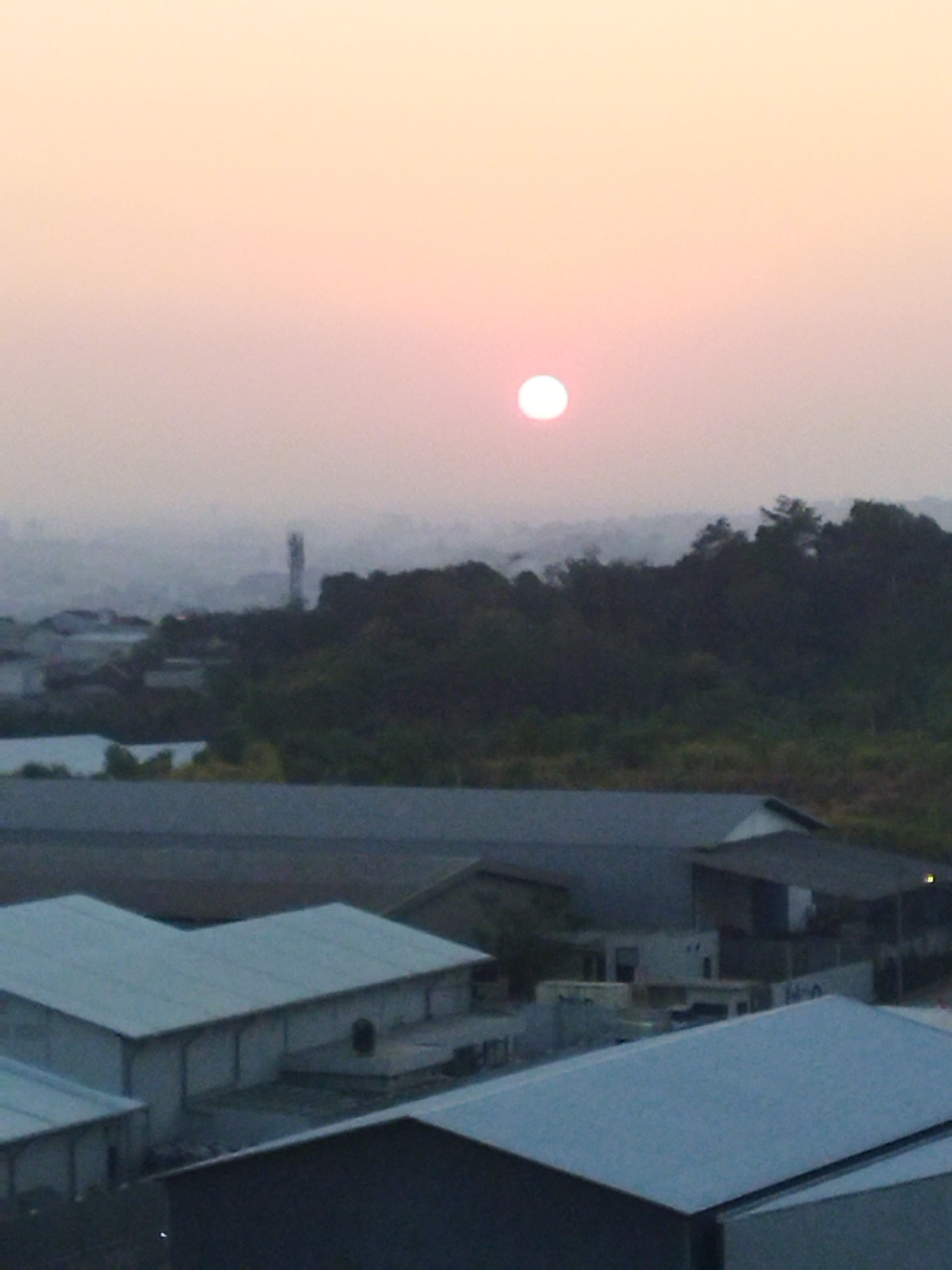 The image depicts a sunset over an industrial area in Semarang, Indonesia. The sun, a bright, soft orb, hangs low in the hazy, pinkish-orange sky. In the middle ground, a dense line of dark green trees forms a natural barrier, behind which a tall, slender communication tower is visible. Below the tree line, several industrial buildings with light-colored, sloped roofs are scattered across the landscape. The foreground is dominated by the roofs of more industrial structures, rendered in shades of gray and blue. The overall scene conveys a sense of industrial development juxtaposed with the natural beauty of a sunset.