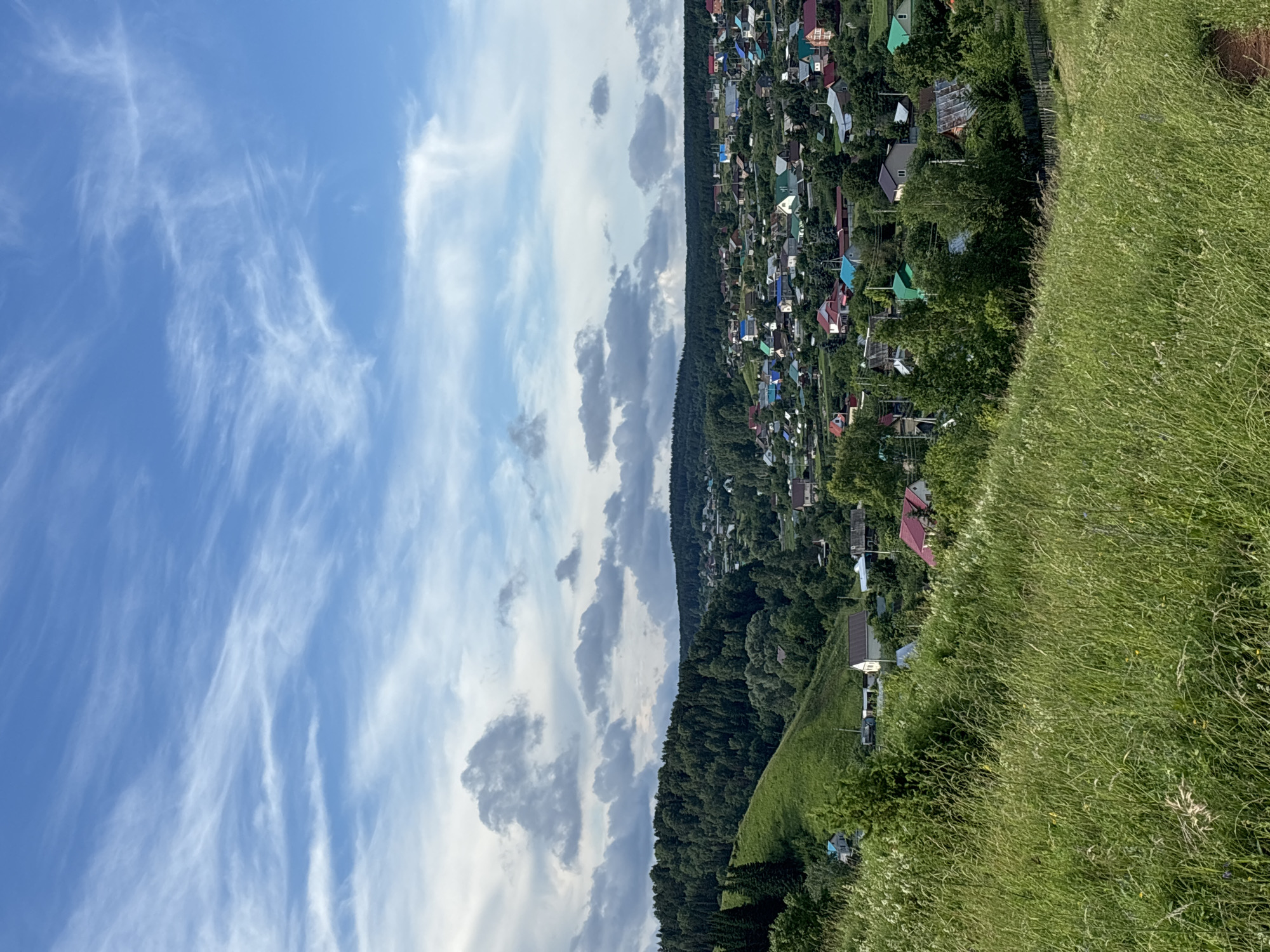 The image depicts a panoramic view of a village situated in a valley, surrounded by forested hills. The foreground is dominated by a grassy slope covered with tall, green grass, with some wildflowers interspersed. In the midground, the village of Olkhovka, Russia, is visible, characterized by numerous houses with colorful roofs, predominantly in shades of red, blue, green, and white. The houses are clustered together amidst trees and vegetation. A dense forest covers the hillside to the left, extending into the background. The sky above is a bright blue, with scattered white, wispy clouds. The scene suggests a rural, pastoral setting on a clear day. There are no people or animals visible in the image.