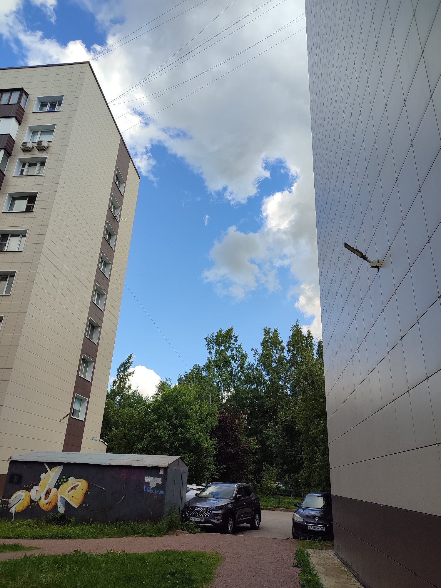 The image captures an urban scene in Vsevolozhsk, Russia, featuring two tall buildings with modern facades. The building on the left is clad in beige and brown panels, with numerous windows and balconies. The building on the right is primarily covered in light grey tiles, with a dark brown band near its base. A streetlamp is mounted on the grey tiled facade.
In the foreground, a dark grey metal garage box is visible, adorned with yellow and white graffiti that appears abstract, possibly depicting stylized fruits or flowers. To the right of the garage, two dark-colored cars are parked. The car closer to the garage is a dark grey SUV with a license plate starting with "E234PM". The car further to the right is a black sedan with a license plate starting with "A810OK".
The background is dominated by a bright blue sky with scattered white and grey clouds. A line of lush green trees runs horizontally across the midground, behind the garage and cars, separating the buildings from the sky. Electrical wires are visible overhead, strung between the buildings and the sky. The ground is a mix of gravel and grass. The overall impression is a contemporary residential or commercial area.