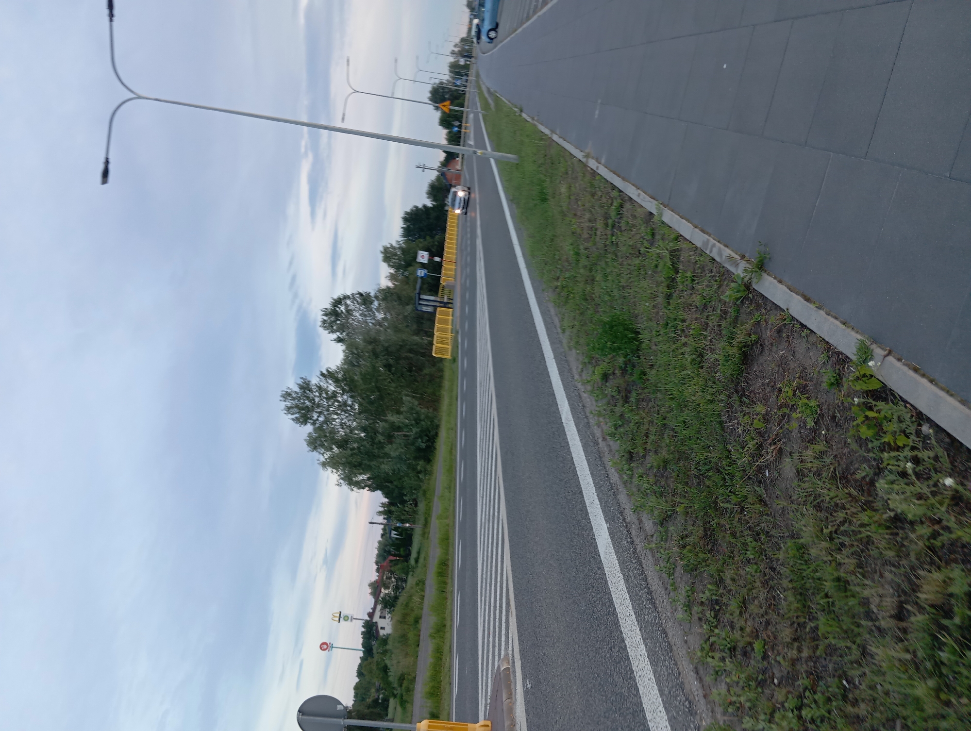 The image shows a street scene in Dybów Kolonia, Poland. The foreground features a paved sidewalk with a grassy strip adjacent to a road with a pedestrian crossing. In the midground, the road has white markings and a central line, with a car driving on it. To the left of the road, there is a yellow barrier and further in the distance, a McDonald's sign is visible. The background consists of trees and buildings, with streetlights lining the road. The sky is overcast.