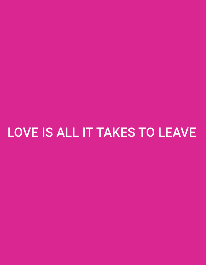 The image shows the text "LOVE IS ALL IT TAKES TO LEAVE" in white, sans-serif font against a solid bright pink background. There are no people, subjects, objects, actions, interactions, or environmental details present in the image. The location in the city of Jos, Nigeria, is not depicted or suggested by the image.
