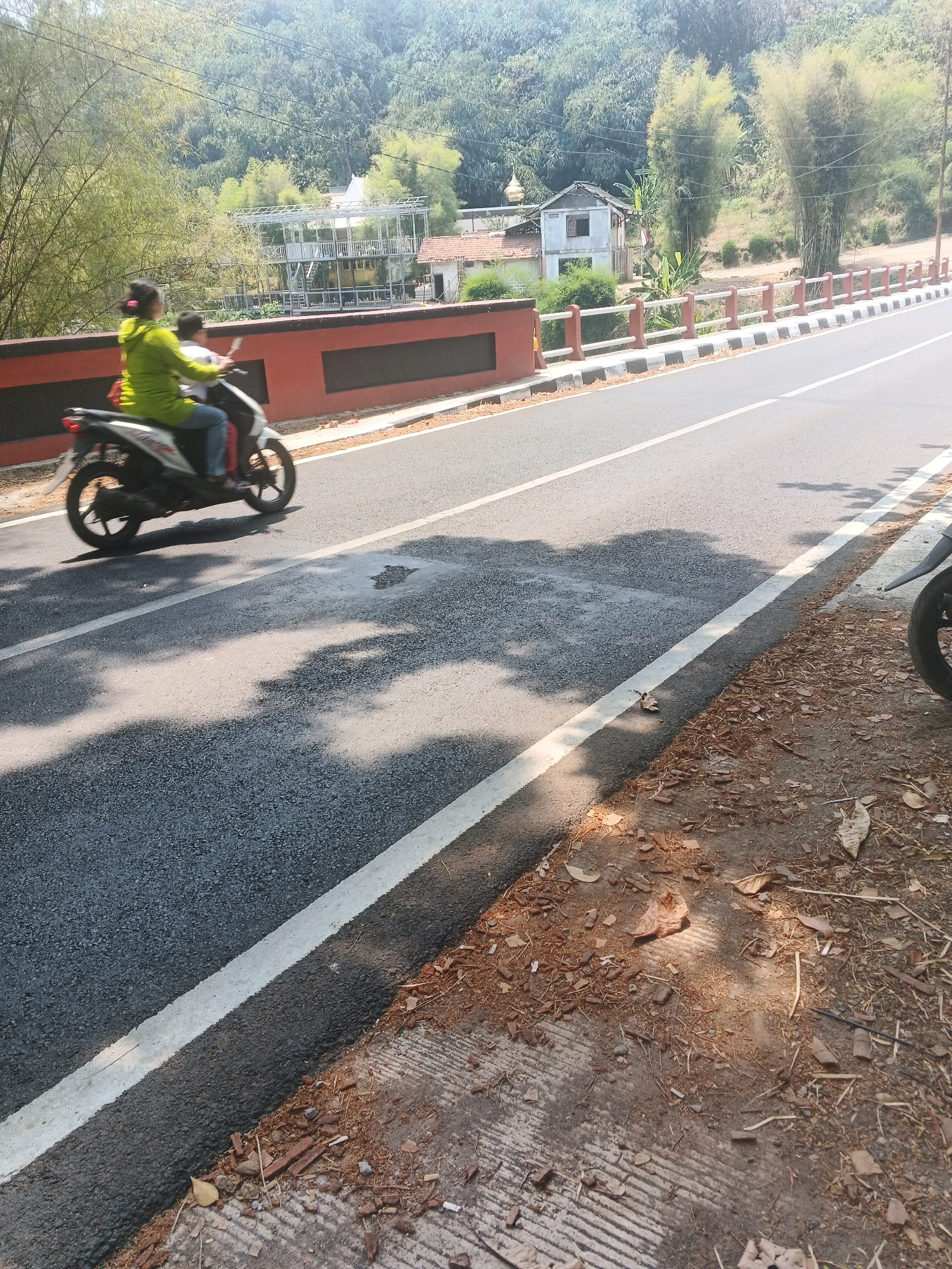 The image depicts a scene on a road in Semarang, Indonesia, likely a rural or suburban area. In the foreground, a motorcycle with two occupants is traveling away from the viewer. The rider, a woman wearing a lime green long-sleeved shirt and blue jeans, is in control, while a passenger, possibly a child, is seated behind her. They are on the right side of the paved road, which has a white line marking its edge. The road surface appears to be asphalt.
To the left of the road, there is a low, dark red barrier wall with lighter colored upright posts and railings. Beyond the wall, buildings and greenery are visible, suggesting a developing or built-up area. Notably, there is a light-colored, multi-story structure with a metal framework, and another smaller, light-colored building with a red roof. Tall bamboo trees are prominent in the background, interspersed with lush green foliage covering a hillside that slopes upwards. The sky is bright and appears to be clear. The ground to the right of the road is unpaved, covered with dry leaves, twigs, and some reddish soil. A portion of a motorcycle's front wheel and fender is visible on the far right edge of the frame, indicating another parked or passing motorcycle. Sunlight casts shadows on the road, suggesting it is daytime. The overall impression is one of a peaceful, sunny day in a semi-rural setting.