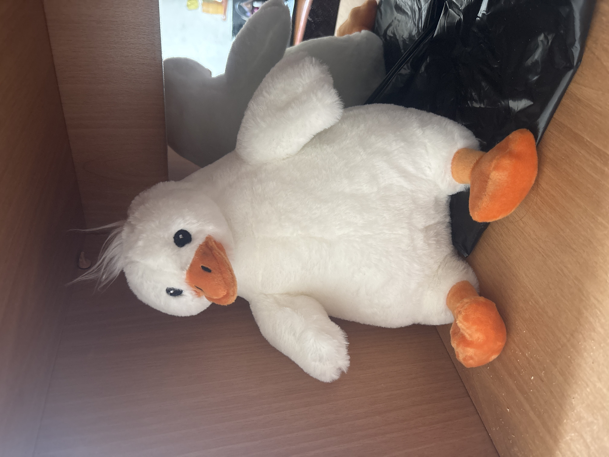 A stuffed white duck toy with an orange beak and feet lies on its side in a wooden drawer. A black plastic bag is partially visible behind the duck. The photograph was taken indoors. The location is Верхнеказымский, Russia.
