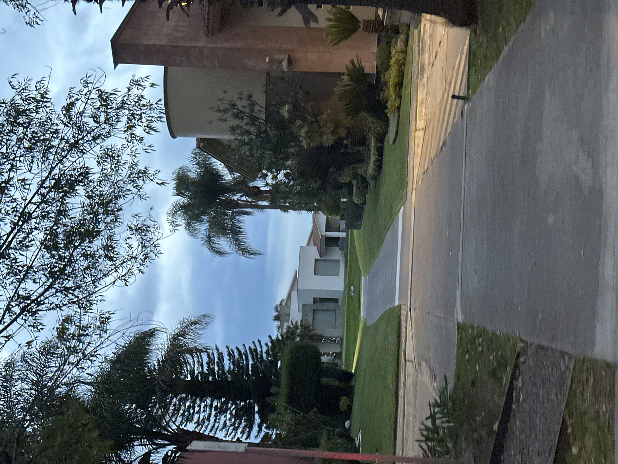 The image depicts a residential street scene in San Bernardino Tlaxcalancingo, Mexico. A paved road runs through the center of the frame, flanked by green lawns. Two modern houses are visible: one a two-story white structure and the other a taller beige building. Trees, including palms and smaller leafy varieties, line the street. The sky is partly cloudy. No people are visible.