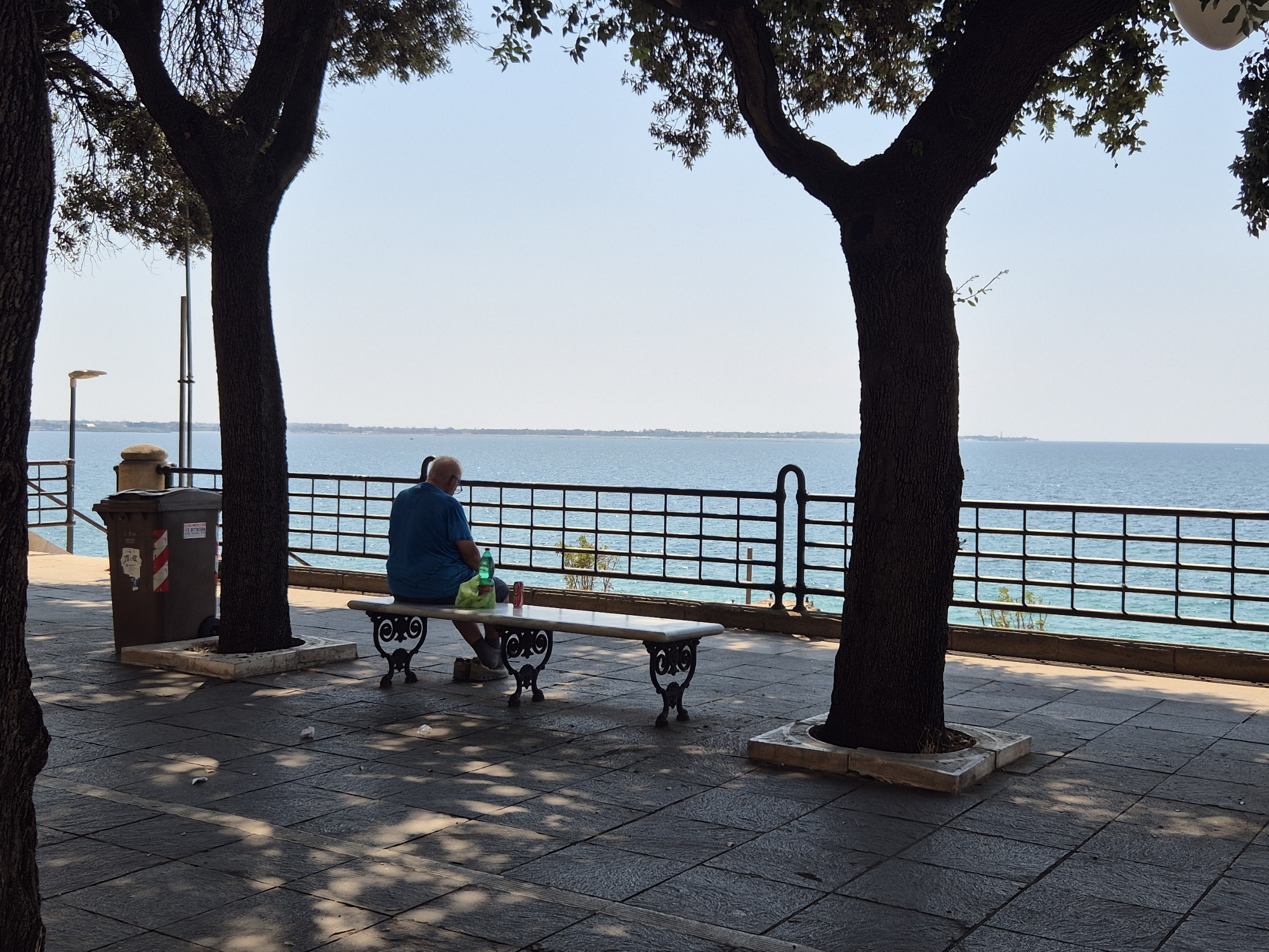 In Taranto, Italy, a man sits on a park bench facing a tranquil blue sea. The bench is made of marble with ornate black metal legs. Beside the man, a green plastic bottle and a white plastic bag rest on the bench. The man wears a bright blue t-shirt. A dark trash can stands to the left of the bench, near a large tree trunk. The ground is paved with dark square tiles, dappled with sunlight and shade from the surrounding trees. A metal railing separates the park area from the sea. The sky is clear and bright blue.