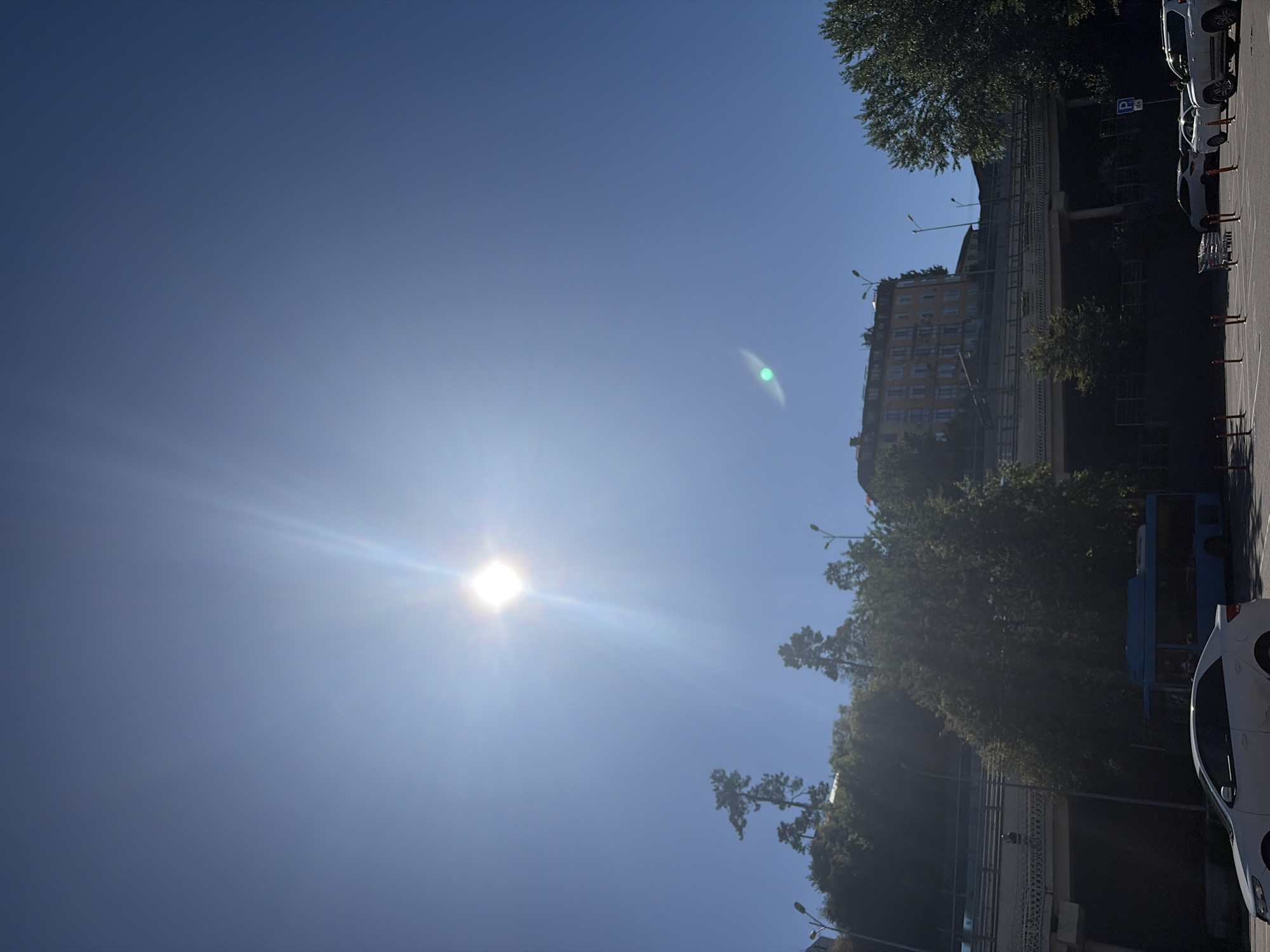 The image captures a bright, sunny daytime scene, likely in an urban or semi-urban environment in Sochi, Russia. The sky is a clear, vibrant blue, dominating the upper portion of the frame. A brilliant sun, high in the sky on the upper left, creates a strong lens flare and washes the scene with intense light, indicative of mid-day or early afternoon.
In the lower right foreground, a white car is parked in a paved lot, with its side visible. Further back, another white car and a darker vehicle are also parked, alongside a blue bus or large van. The parking area features white painted lines for spaces and several orange bollards or cones. A blue parking sign with a white "P" symbol is visible among the parked vehicles.
The middle ground is characterized by abundant green trees, some tall and leafy, which partially obscure structures behind them. Several streetlights with single or double lamps extend upwards from among the foliage. Behind the trees, a multi-story building with a light-colored facade and numerous windows is visible, appearing to be under some form of construction or renovation, as suggested by scaffolding or protective netting along its sides. An elevated bridge-like structure or walkway also runs horizontally behind the trees and building.
No people or specific activities are depicted, giving the scene a calm and static quality. The overall impression is one of a warm, clear day in a city setting, with a strong emphasis on natural light and blue skies.