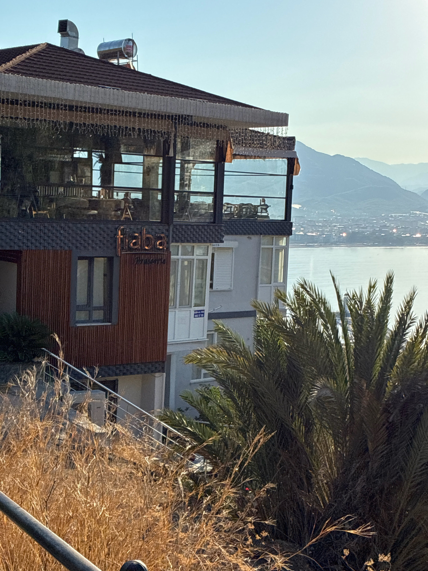 The image captures a building with a glass-enclosed upper level, likely a restaurant or cafe, overlooking a body of water and distant mountains. The sign on the building reads "faba Brasserie". The building itself has a dark-tiled roof and a brown, textured facade on the lower level. A solar water heater and exhaust vent are visible on the roof. Lush palm trees and dry grasses are in the foreground, partially obscuring the lower parts of the building. The sky is clear and blue, and the water reflects the light. The scene suggests a coastal location, likely in Alanya, Turkey, given the architectural style and vegetation. There are no people or discernable actions taking place.