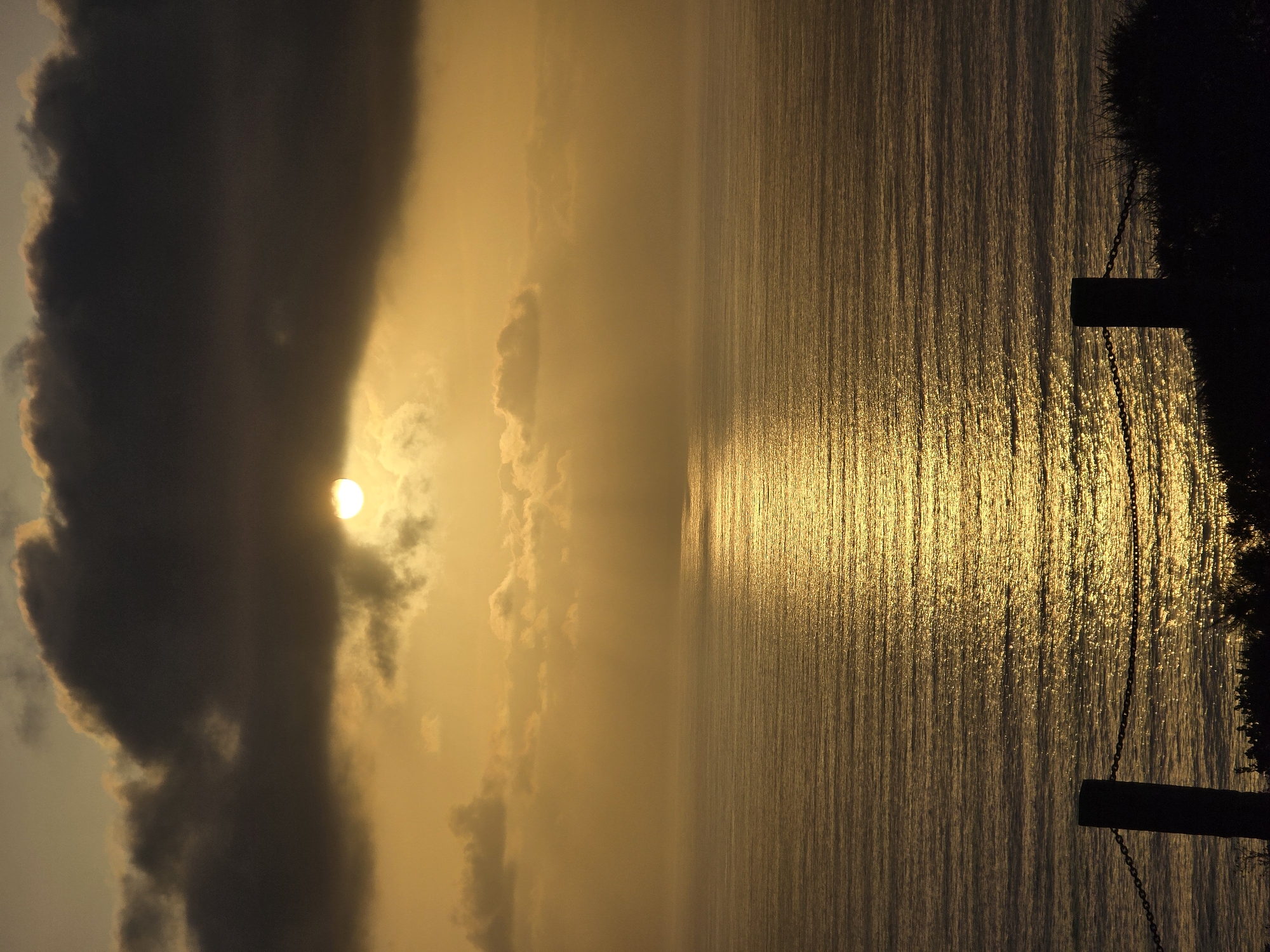 The image depicts a sunset over the ocean, likely viewed from a coastal vantage point in San Diego, California. The sun, partially obscured by dark clouds, casts a golden glow across the water, creating a shimmering reflection. The ocean surface is rippled, indicating a gentle breeze. In the foreground, silhouetted posts and a chain-link fence suggest a boundary or overlook, possibly part of a park or trail. The vegetation in the foreground is also dark and indistinct due to the low light conditions. The overall atmosphere is serene and tranquil, characteristic of a coastal sunset.