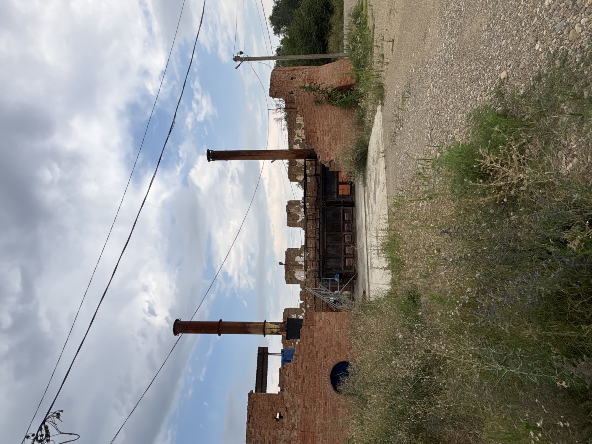 The image shows the dilapidated remains of a brick industrial building, possibly a former brick factory, located in Arkhipovskoe, Russia. Two tall, rusty smokestacks rise from the structure. The brick walls are crumbling, with some sections collapsed and others showing exposed interior structures. A metal staircase leads up to a raised platform within the building. Overgrown wild grasses and weeds dominate the foreground, encroaching on the paved and gravel areas around the building. Power lines stretch across the sky, which is partly cloudy. The overall scene suggests abandonment and decay. There are no people visible in the image.