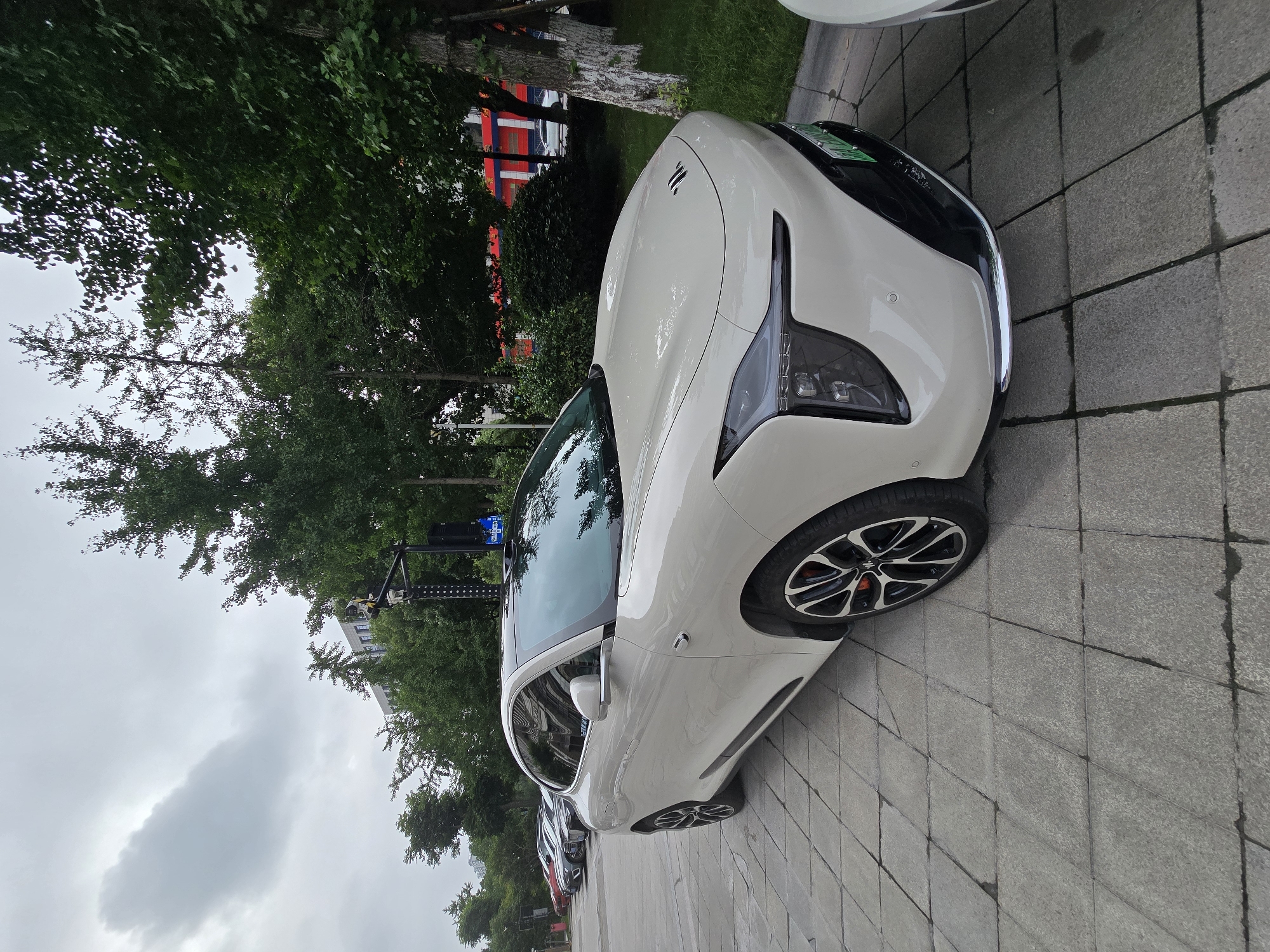 A white electric car is parked on a paved walkway next to a grassy area and trees. The car is positioned at an angle, with its front facing towards the right of the frame. The sky is overcast, suggesting it might be a cloudy day or late afternoon. The car has a sleek, modern design with distinctive headlights and a black grille. The wheels have a multi-spoke design with a red accent. In the background, trees and some buildings are visible. There are other cars parked further down the walkway. The scene appears to be in a suburban or urban environment in Xiaoshan District, China. No people are visible in the frame. The overall mood is calm and still. A green license plate is visible on the front of the car.