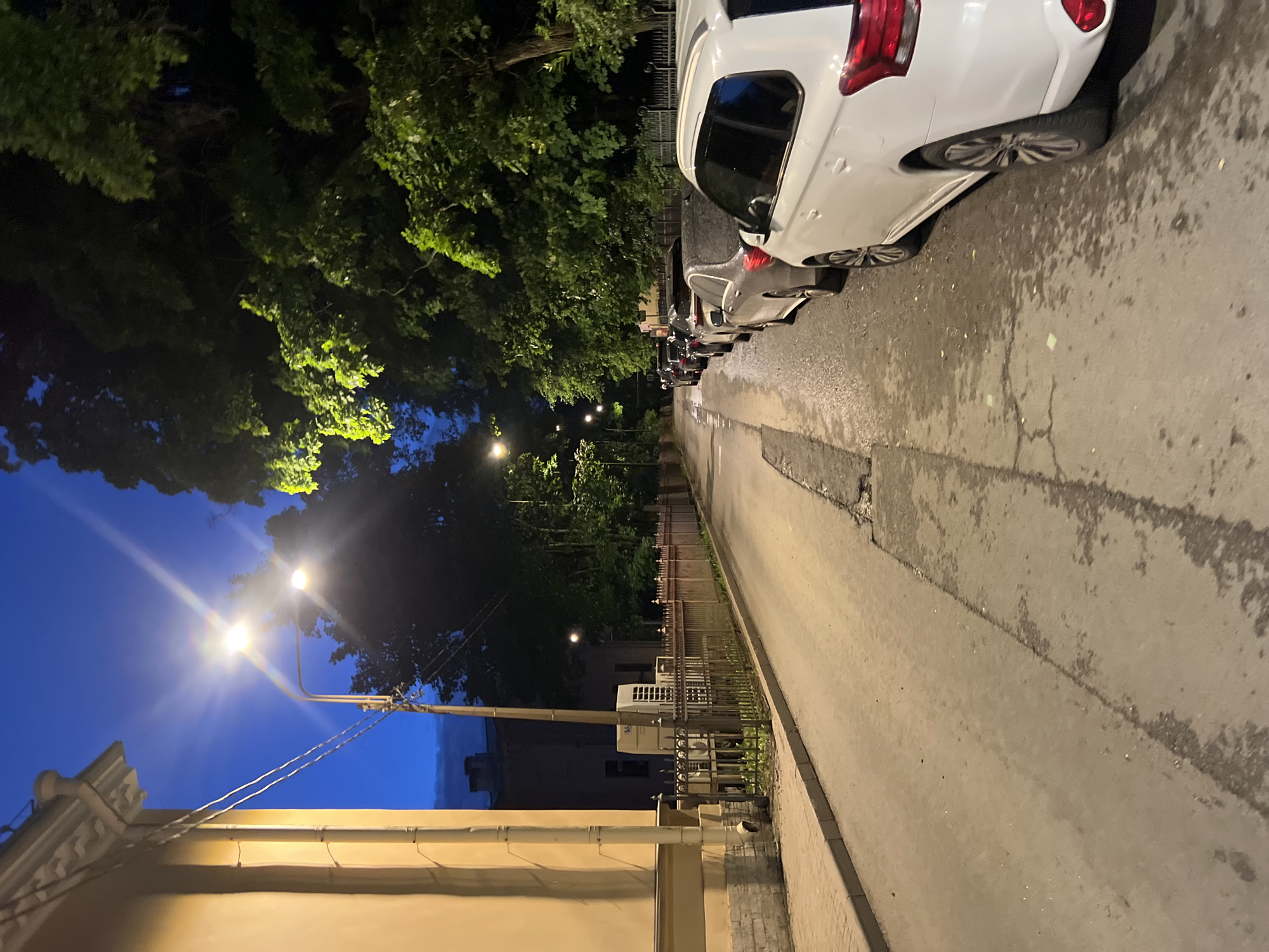 The image depicts a street scene in Saint Petersburg, Russia, at dusk or early night. A yellow building with architectural details lines the left side of the street. Adjacent to the building is a sidewalk with paving stones and a metal fence. Beyond the fence, an air conditioning unit is visible. The street itself is paved and appears somewhat wet, with oil stains and cracks.
A row of parked cars lines the right side of the street, with a white SUV prominently in the foreground. The street is illuminated by streetlights, casting a warm glow. Lush green trees with dense foliage form a canopy over the street in the distance, their leaves catching the light. The sky is a deep blue, characteristic of twilight. The overall impression is one of a quiet urban street at the transition from day to night.