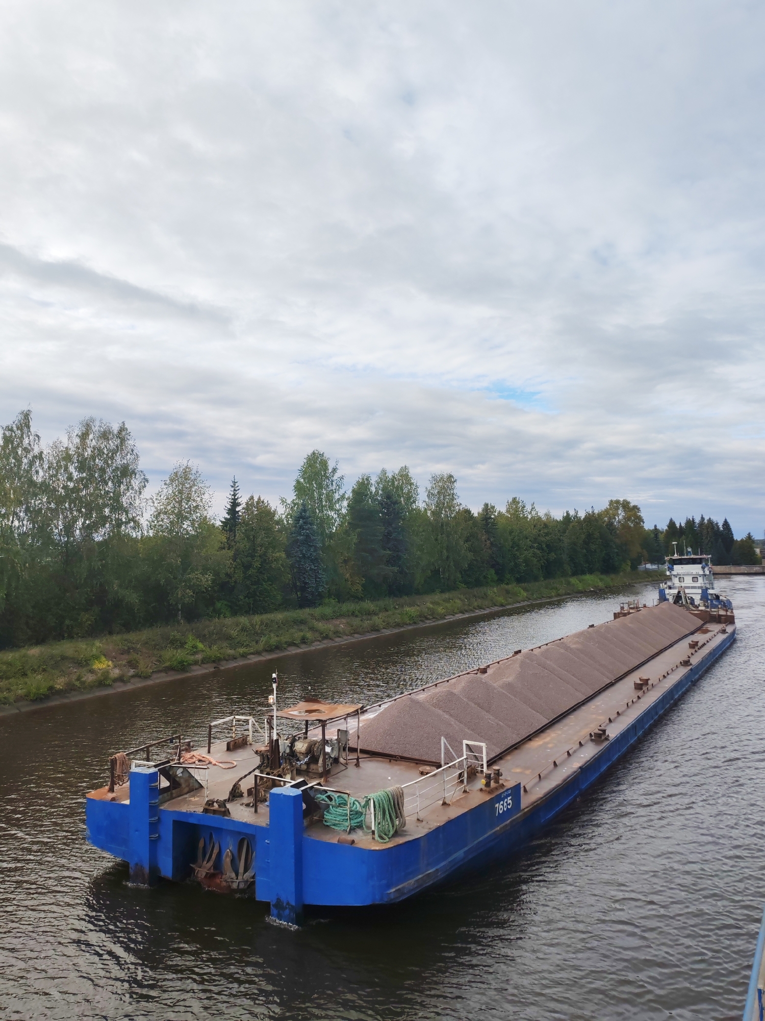 A blue barge filled with gravel is traveling down a canal. The barge is long and flat, with a blue hull and a brown cargo area. There are some railings and equipment on the deck of the barge. The canal is lined with trees and vegetation. The sky is overcast. In the distance, another boat can be seen. The number "7665" is visible on the side of the barge. This scene is likely in Vytegra, Russia, a city known for its canals and waterways, including the Vytegra River which is part of the Volga-Baltic Waterway system.
