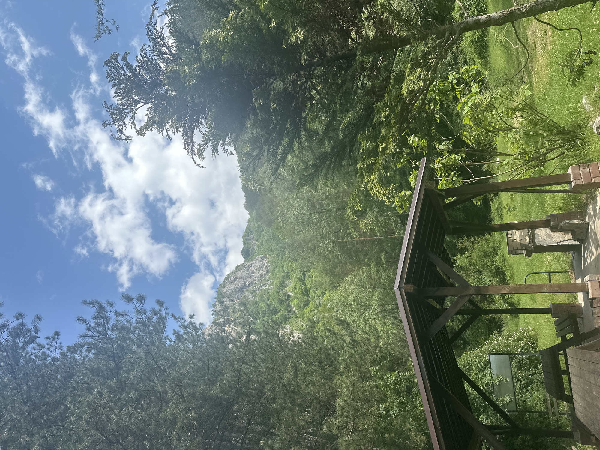 This image depicts an outdoor recreational area situated within a forested, mountainous landscape in the vicinity of Tran, Bulgaria, under a clear blue sky with scattered white cumulus clouds.
In the background, a large, rocky mountain face, predominantly grey and beige, is visible, partially covered by dense, vibrant green deciduous and coniferous forestation that extends down the slopes into the midground. The sky occupies the upper portion of the scene.
The foreground features a wooden gazebo with a dark brown, possibly metallic, gabled roof supported by sturdy dark brown wooden posts with brick or stone bases. Underneath the gazebo, a weathered wooden picnic table with attached benches is positioned. To the right of the gazebo, a stone structure, consistent with a grill or fireplace, is constructed from grey and brown natural stones. A dark metal curved bar is partially visible near this structure. Behind the gazebo, a rectangular information board or sign with a light surface and dark frame is partially obscured by foliage.
The ground in the foreground and extending to the right is covered with green grass. Various smaller bushes and saplings with bright green leaves are interspersed around the gazebo and in the grassy area. A tall conifer with long needles occupies the left side of the frame, partially obscuring the mountain, while another dense conifer is on the right. No individuals are present in the scene. The lighting suggests a bright, sunny day.