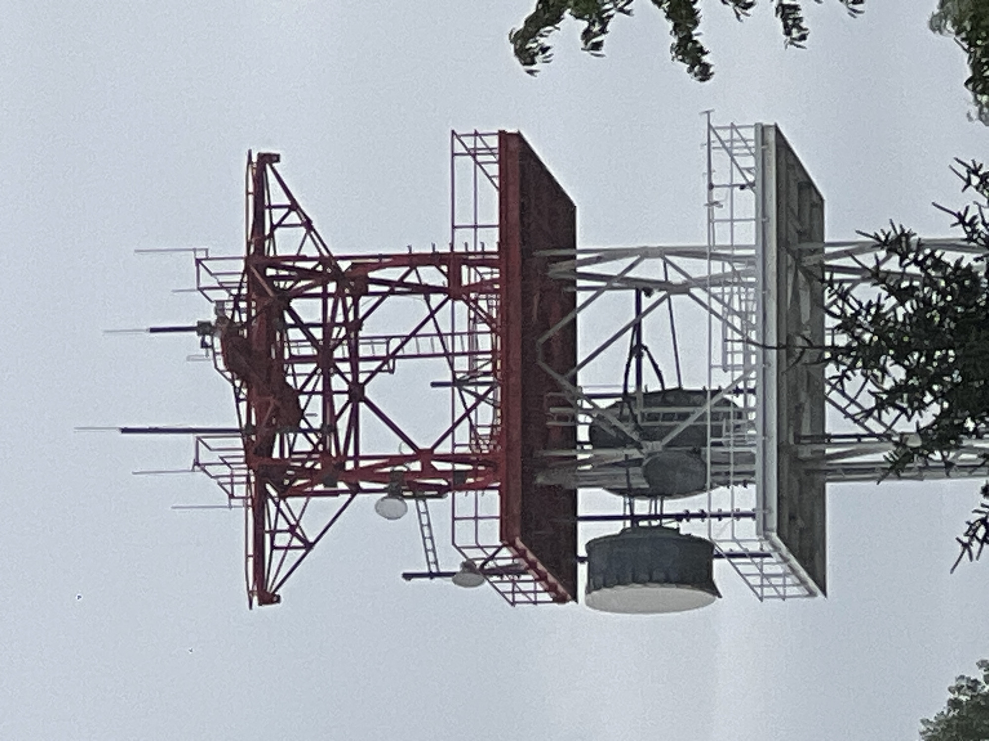 The image shows a tall, red metal lattice tower with multiple levels and antennas. The tower is situated in a clearing with trees on the right and left sides, and a cloudy, overcast sky forms the background. On the lower levels of the tower, there are large, circular disk-shaped antennas. There are also smaller dish antennas mounted at various points on the tower. Platforms with railings are visible on different levels, suggesting access for maintenance or operation. The overall scene depicts a functional telecommunications or broadcasting tower. This tower is located in Lanžhot, Czechia.