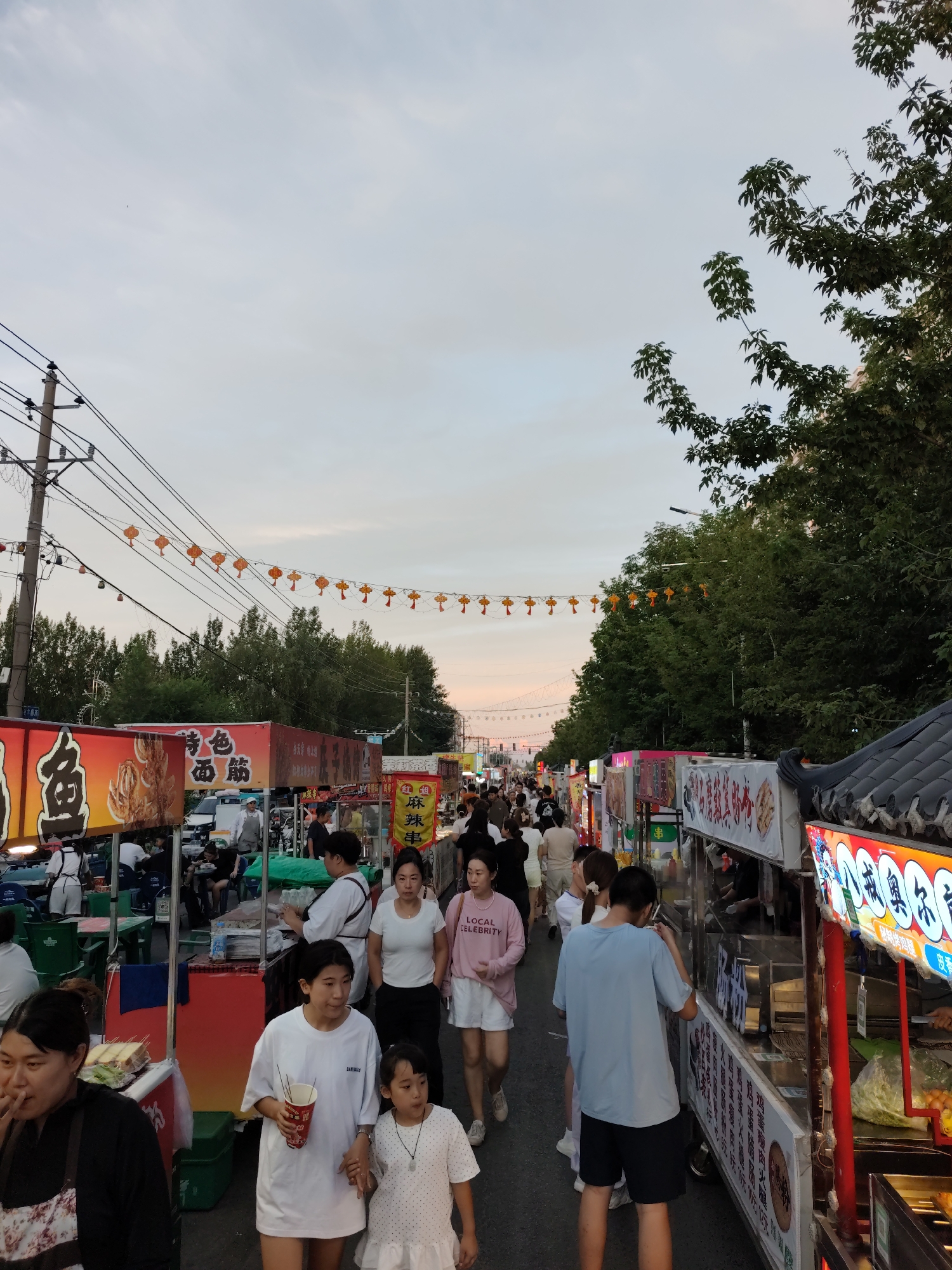 The image depicts a bustling street market in Lindian, China, during the evening hours. A wide array of food stalls line both sides of the narrow street, with overhead strings of orange lanterns casting a festive glow. The sky above is a pale, hazy blue, indicating the twilight period.
Numerous people are seen walking along the street, browsing the stalls, and engaging in conversations. Many are dressed in casual attire, suggesting a relaxed atmosphere. The food stalls themselves are vibrant and colorful, featuring various displays of food items and signage in Chinese characters. Some stalls appear to be selling grilled skewers and other street food.
A prominent stall on the left side of the image has a large red banner with Chinese characters and an image of fried fish. On the right, a stall with a dark, traditional-tiled roof displays bright, illuminated signage with more Chinese text and images of food. Several individuals are actively involved in serving customers or preparing food.
The environment suggests a lively and active urban setting, likely a popular spot for locals to gather and enjoy street food. The presence of trees along the edges of the street indicates that this market is situated in an area with some greenery. Power lines and utility poles are also visible, integrated into the urban landscape.