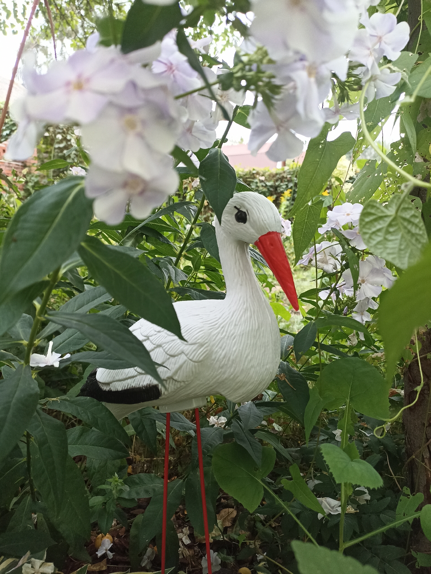 The image shows a white stork garden ornament with a red beak and legs, positioned among lush green foliage and delicate white flowers. The ornament is the central subject, with its head and upper body clearly visible. The background is a garden environment with a variety of plants and leaves, some of which are out of focus. There are no people present in the image. The overall impression is a peaceful, natural setting enhanced by the presence of the garden decoration. The location is specified as Mochische, Russia.