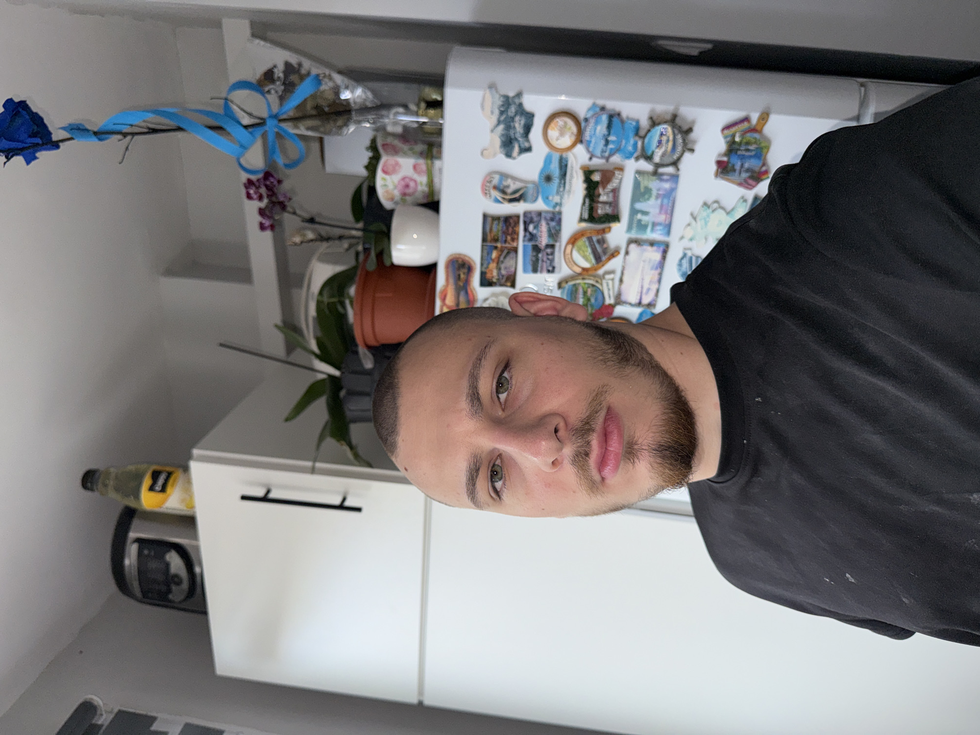 A medium shot shows a man with closely cropped dark hair, a neatly trimmed beard, and fair skin wearing a black t-shirt. The background indicates an indoor kitchen setting, with white cabinetry and a refrigerator covered in magnets. Above the refrigerator, decorations include a blue artificial rose with a ribbon, a dried flower arrangement, and potted plants. A bottle and a device are visible on a shelf adjacent to the cabinets. The location in Stara Zagora, Bulgaria cannot be determined from the image.