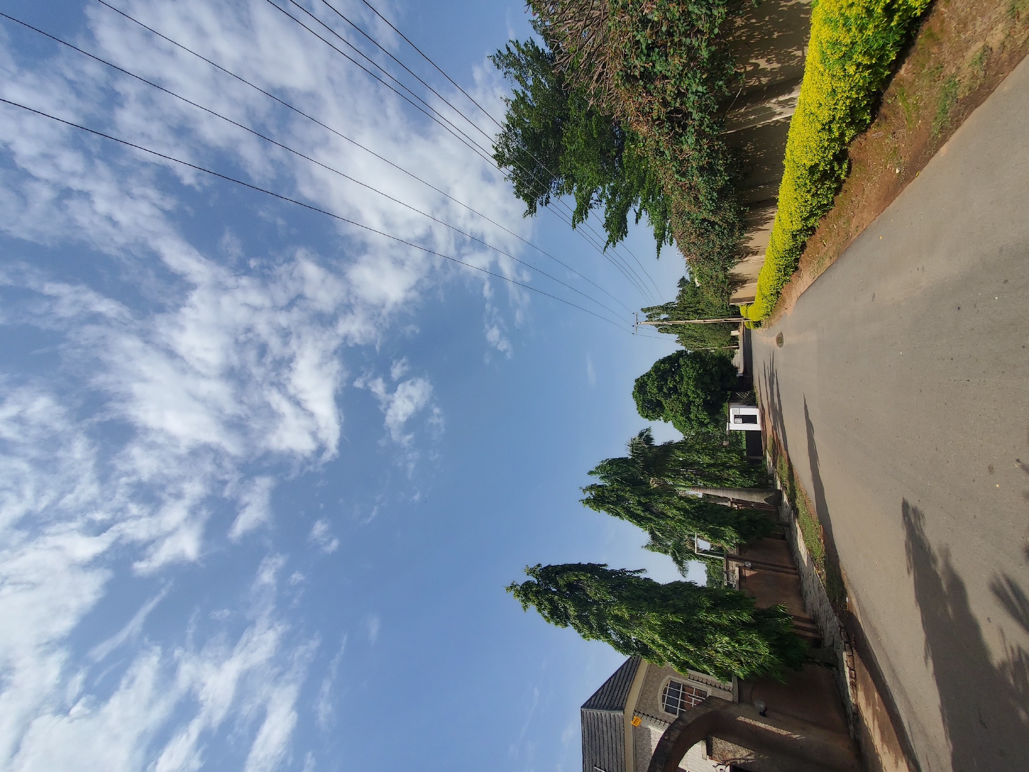 The image depicts a quiet, paved street in a residential area of Jos, Nigeria. The street is lined with walls and fences, with lush green vegetation and tall, slender trees on both sides. On the left side, a building with a dark tiled roof and arched entryway is visible, partially obscured by a tall, conical evergreen tree. Further down the street, more trees and a small white structure with a dark roof are seen. On the right side, a long, well-maintained hedge of bright green bushes runs along a beige-colored wall. Overhead, a clear blue sky is dotted with wispy white clouds, and several electrical wires stretch across the frame, supported by poles further down the road. The lighting suggests it is daytime, with shadows cast on the street from the trees and the viewer's perspective. There are no people or vehicles visible in the scene.