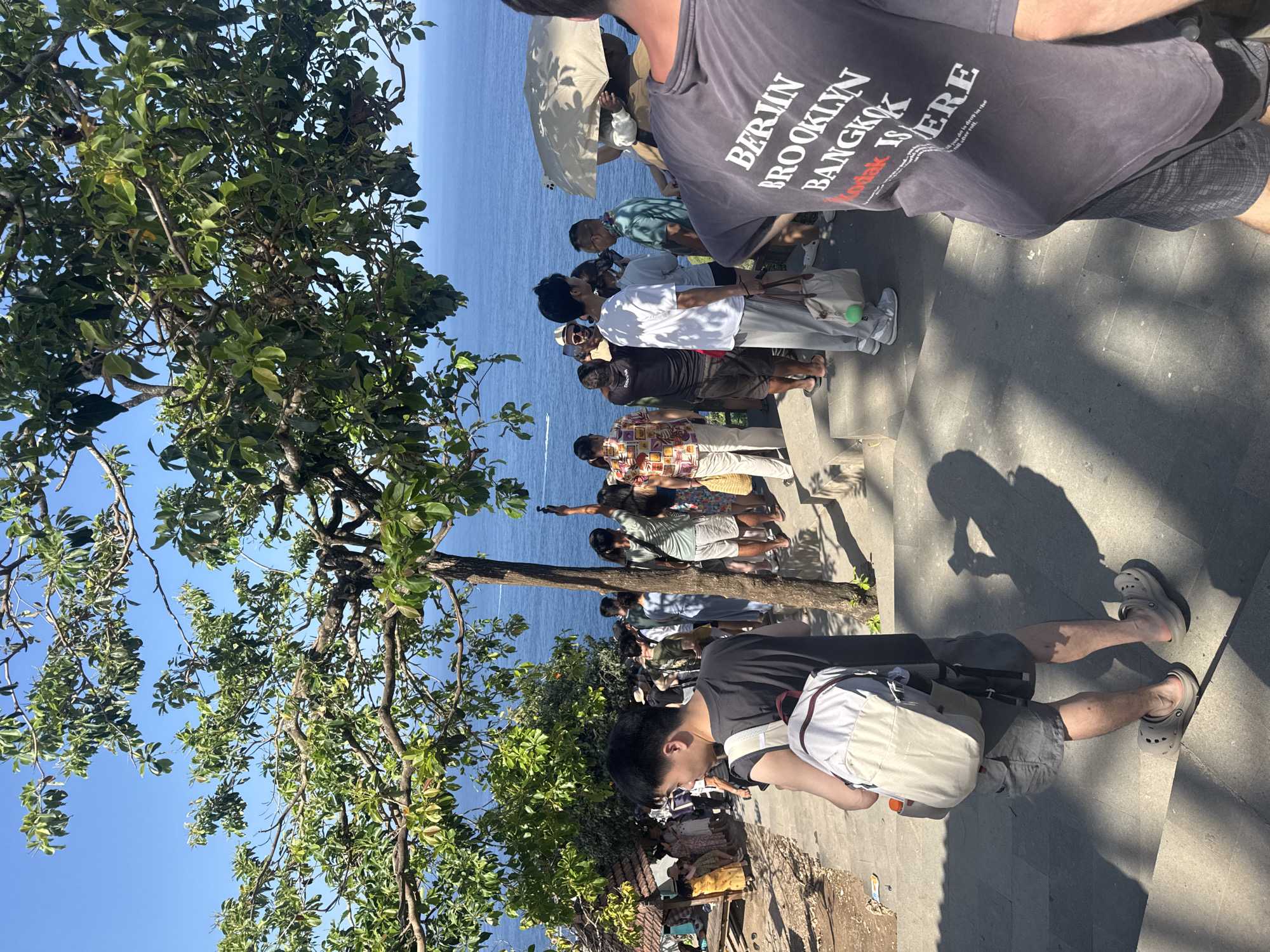 This is a photograph taken outdoors on a sunny day in Nusa Penida, Indonesia, likely at a viewpoint overlooking the ocean. A group of people are standing on a paved pathway and steps, many looking out towards the water or taking photos. In the foreground, a young man wearing a dark t-shirt and shorts with a backpack is walking up the steps. Behind him, other individuals are visible, some holding umbrellas or cameras. The environment features lush green trees with sunlight filtering through the leaves, casting shadows on the ground, and a clear blue sky above. The ocean is a prominent feature in the background, with a small boat visible on the water.
