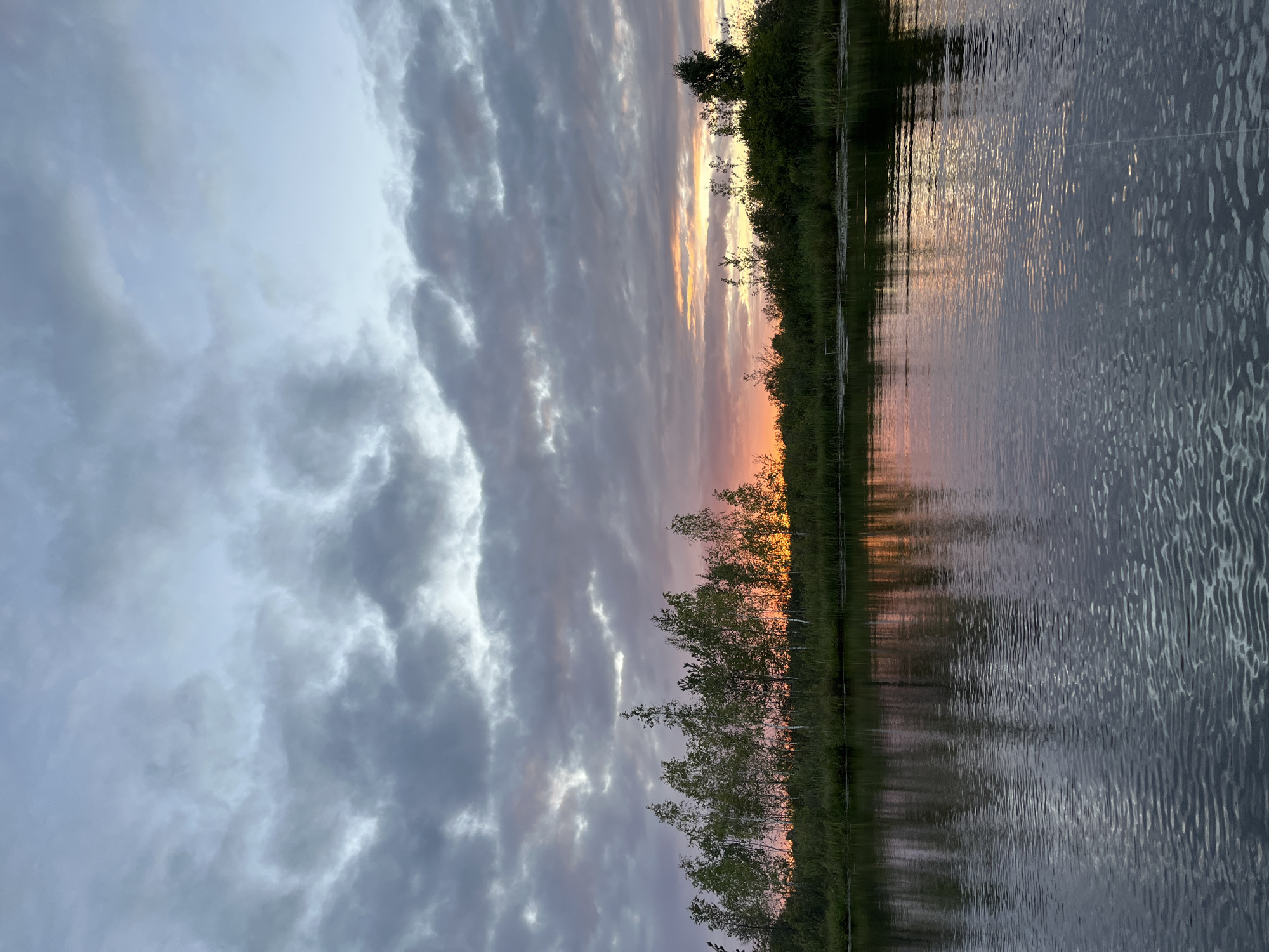 The image depicts a serene natural landscape at dusk, likely in the vicinity of Дунілавіцкі сельскі Савет, Belarus. A calm body of water occupies the foreground, reflecting the muted colors of the sky and the silhouettes of the treeline along the opposite bank. The water's surface is disturbed by gentle ripples, catching and distorting the light.
The horizon is defined by a dense line of trees and vegetation, appearing as a dark band against the sky. Behind the treeline, the sky is filled with dramatic clouds. The clouds are a mixture of grays and blues, with streaks of soft pink and orange indicating the lingering light of sunset. The clouds are textured and varied, some appearing dense and heavy, others more wispy and translucent. The overall atmosphere is tranquil and slightly melancholic, characteristic of twilight. There are no visible people or specific man-made structures in the image.