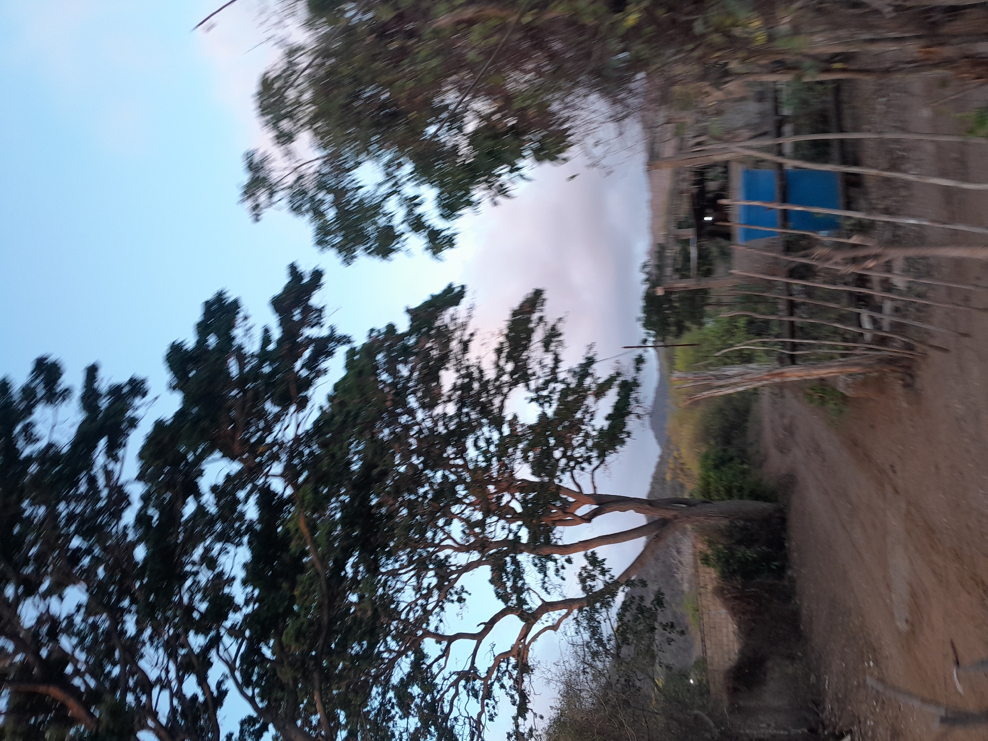 The image depicts a rural scene, possibly on the outskirts of Santa Ana, Venezuela, during twilight. The foreground features a dirt path leading towards a rustic fence made of vertical wooden sticks. Beyond the fence, a bright blue cylindrical object is visible, likely a water barrel or tank, situated behind a rudimentary structure with a dark roof. The background reveals dry, hilly terrain with sparse vegetation and a few scattered trees. The sky is a blend of pale blue and soft gray clouds, indicating the transition from day to night. The overall impression is one of a simple, undeveloped rural setting.
